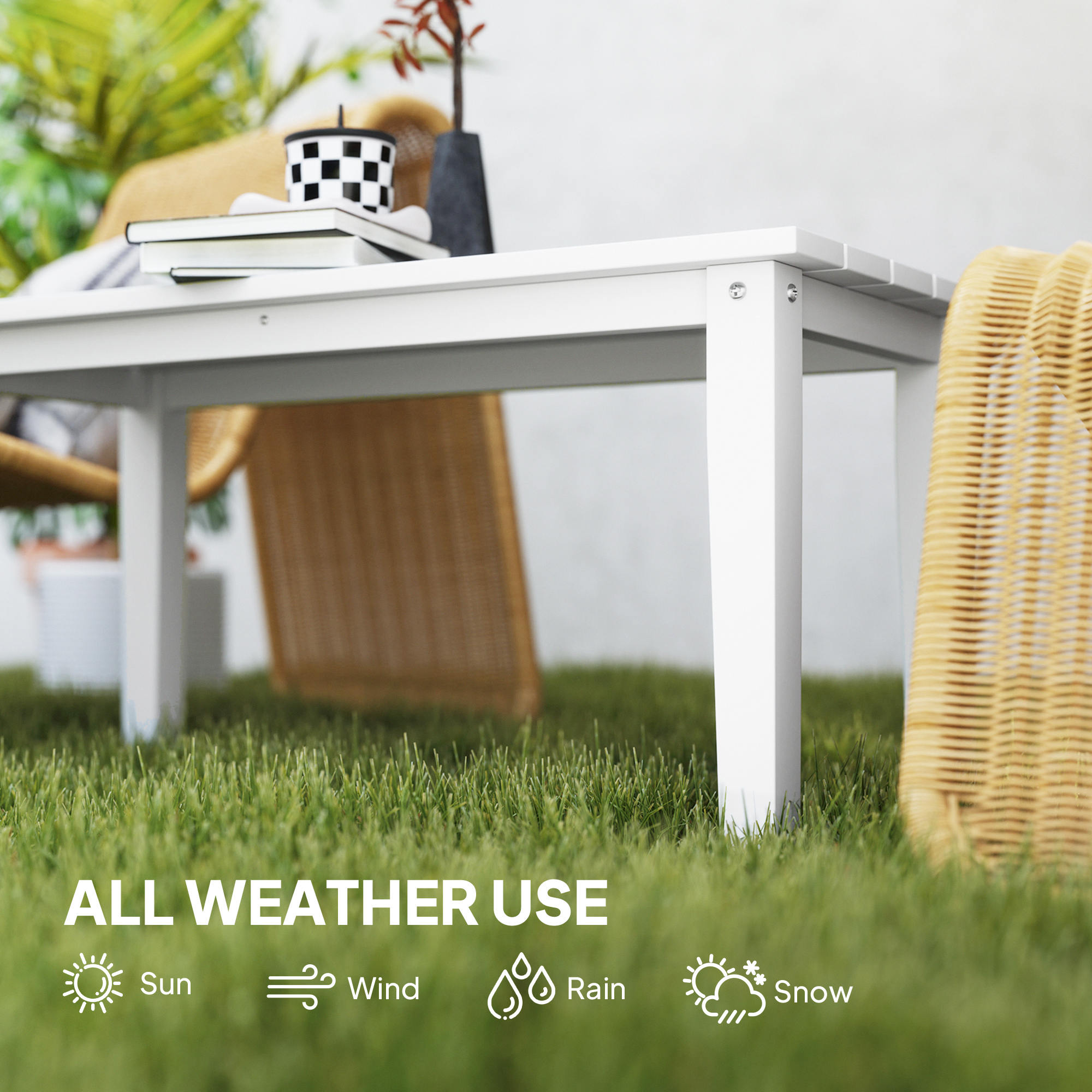 Rectangle Outdoor Coffee Table, HDPE All-Weather Outdoor Patio Table with Slatted Tabletop for Yard, Balcony, White