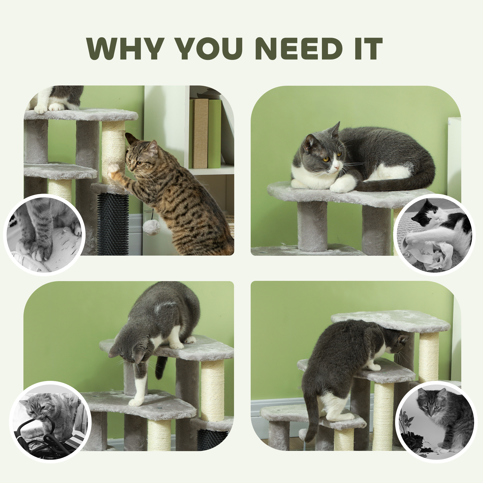  2 in 1 Cat Tree Tower 3-Step Pet Stairs with Scratching Posts, Tickling Post, Toy Balls, for High Beds, Couch