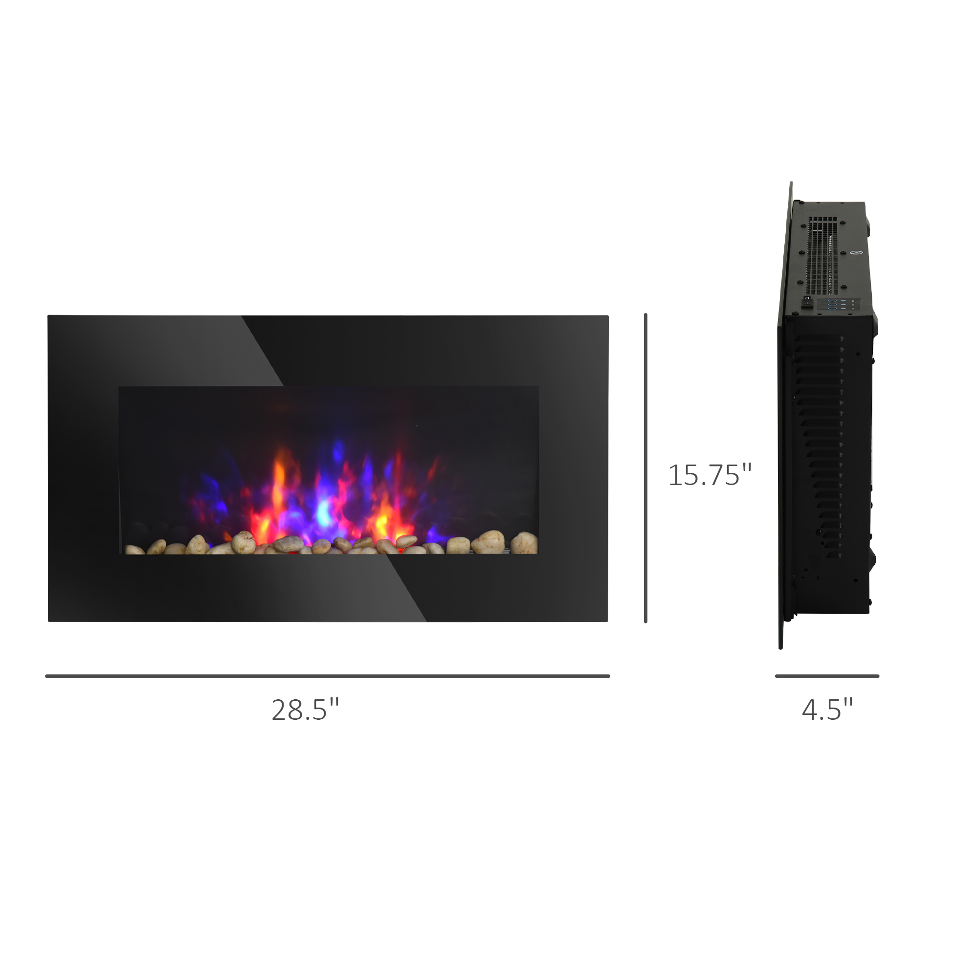 28.5" 1450W Electric Wall-Mounted Fireplace with Flame Effect, 7 Color Background Light, Black image 2