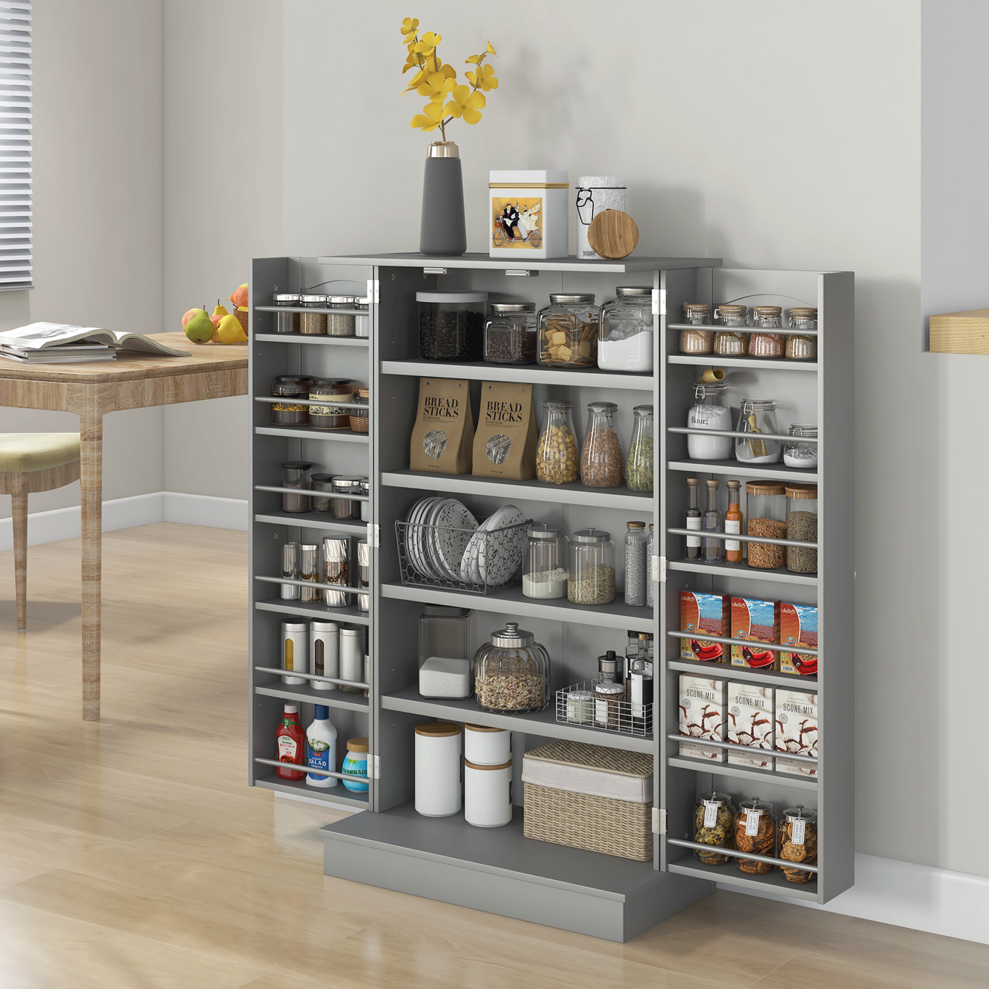 Freestanding Kitchen Pantry Cabinet, Kitchen Cabinet with 12 Door Shelves, Double Doors, 5-tier Shelving, Gray