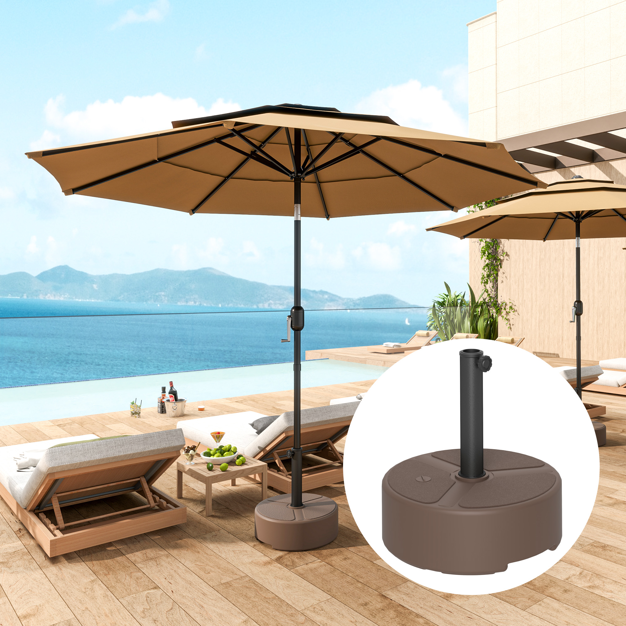 Round Patio Umbrella Base Holder, Heavy Duty Outdoor Umbrella Stand Base, Filled Up to 44lbs with Stand or 40lbs with Water for Garden, Poolside, Brown