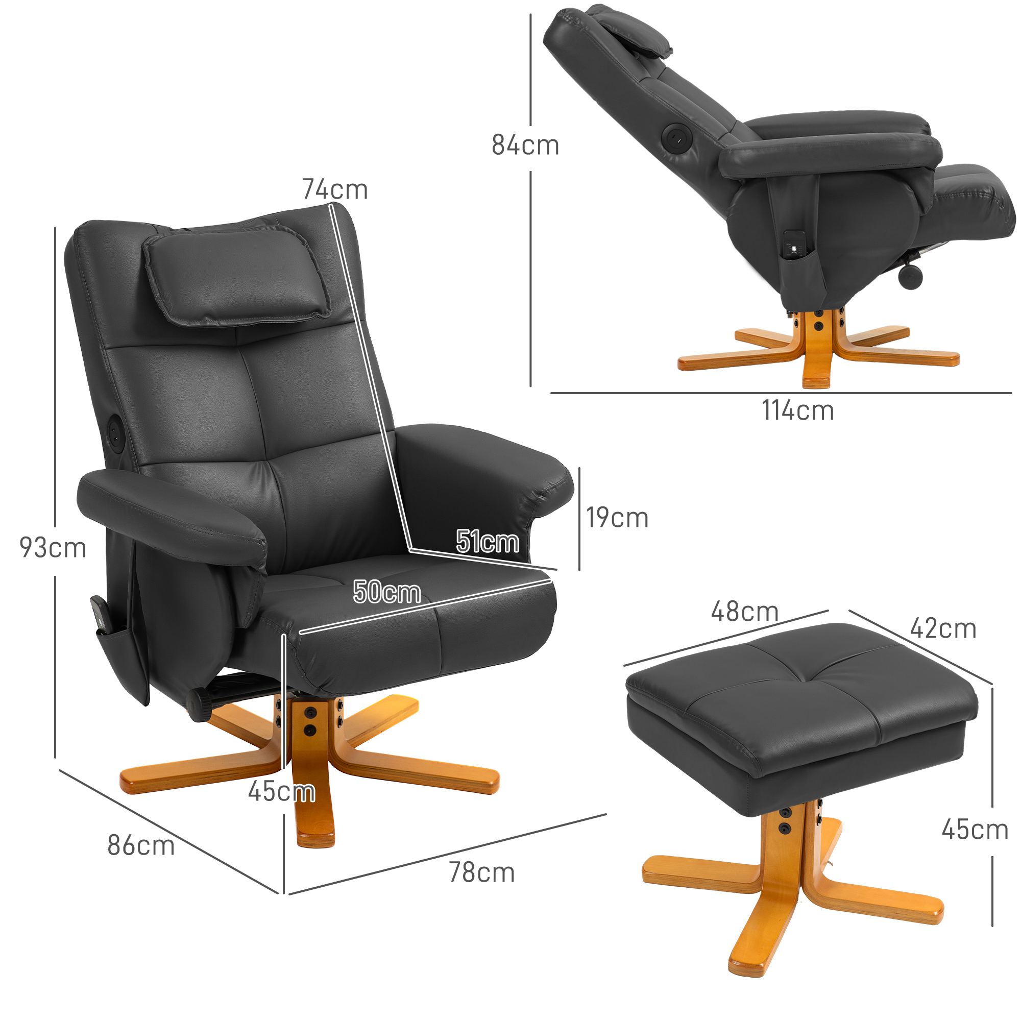 Faux Leather Massage Recliner Chair, With Storage Ottoman - Black — image 3