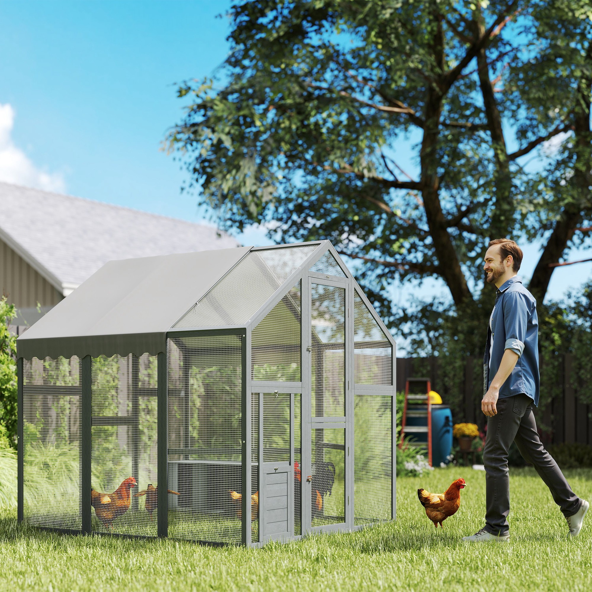 Large Wooden Chicken Run with Waterproof & Anti-UV Cover, for 6-8 Chickens, for Backyard, Farm, 5.5 x 6 x 6