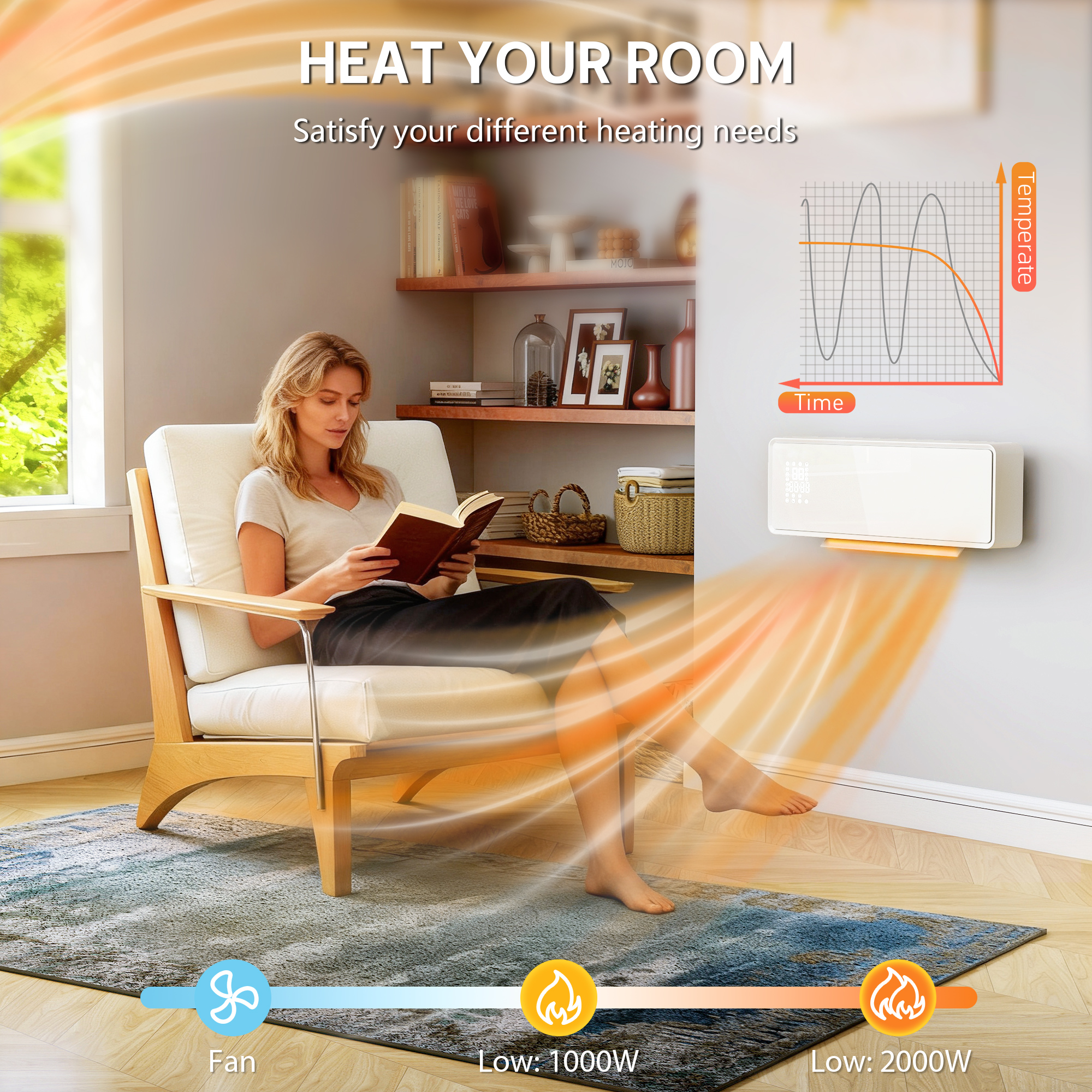 2000W Ceramic Electric Heater With Fan, Adjustable Thermostat, Wall Mounted — image 3