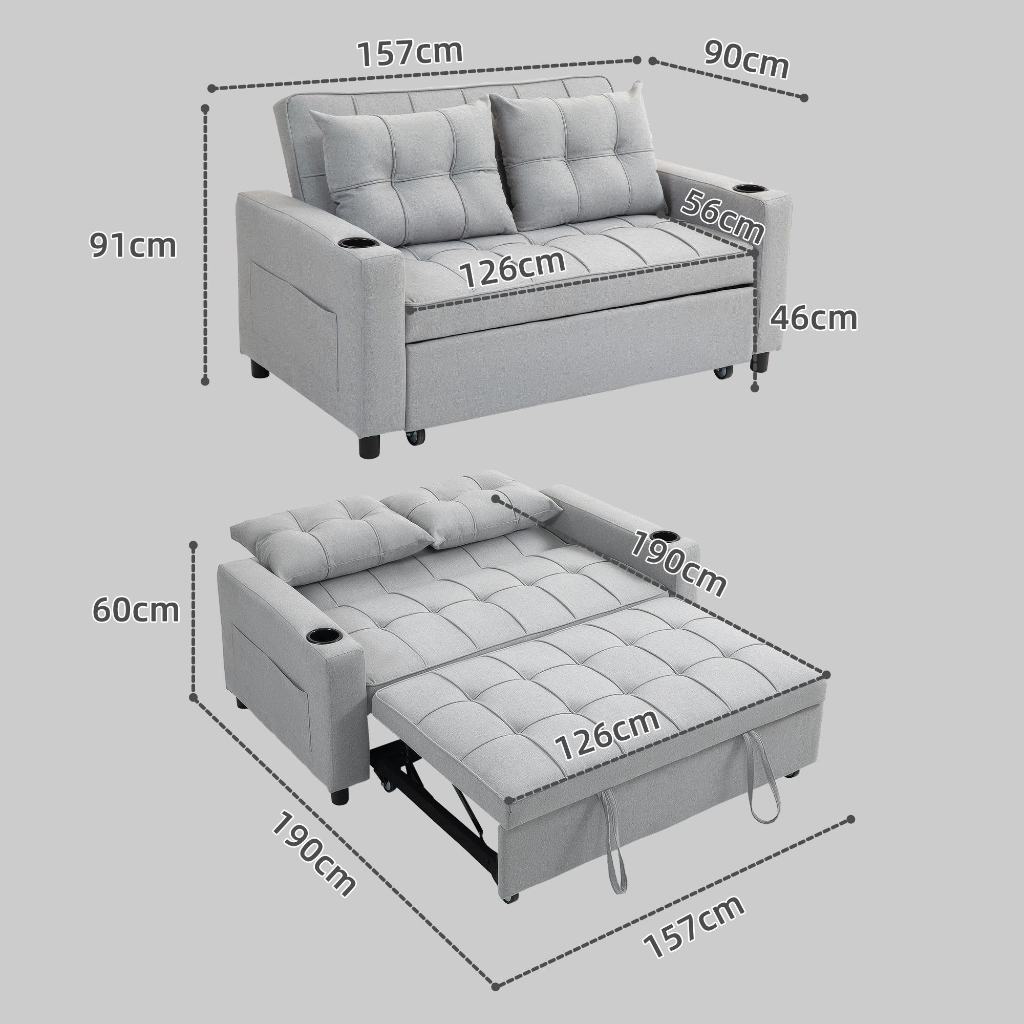 Two-Seater Pull-Out Sofa Bed - Light Grey — image 2