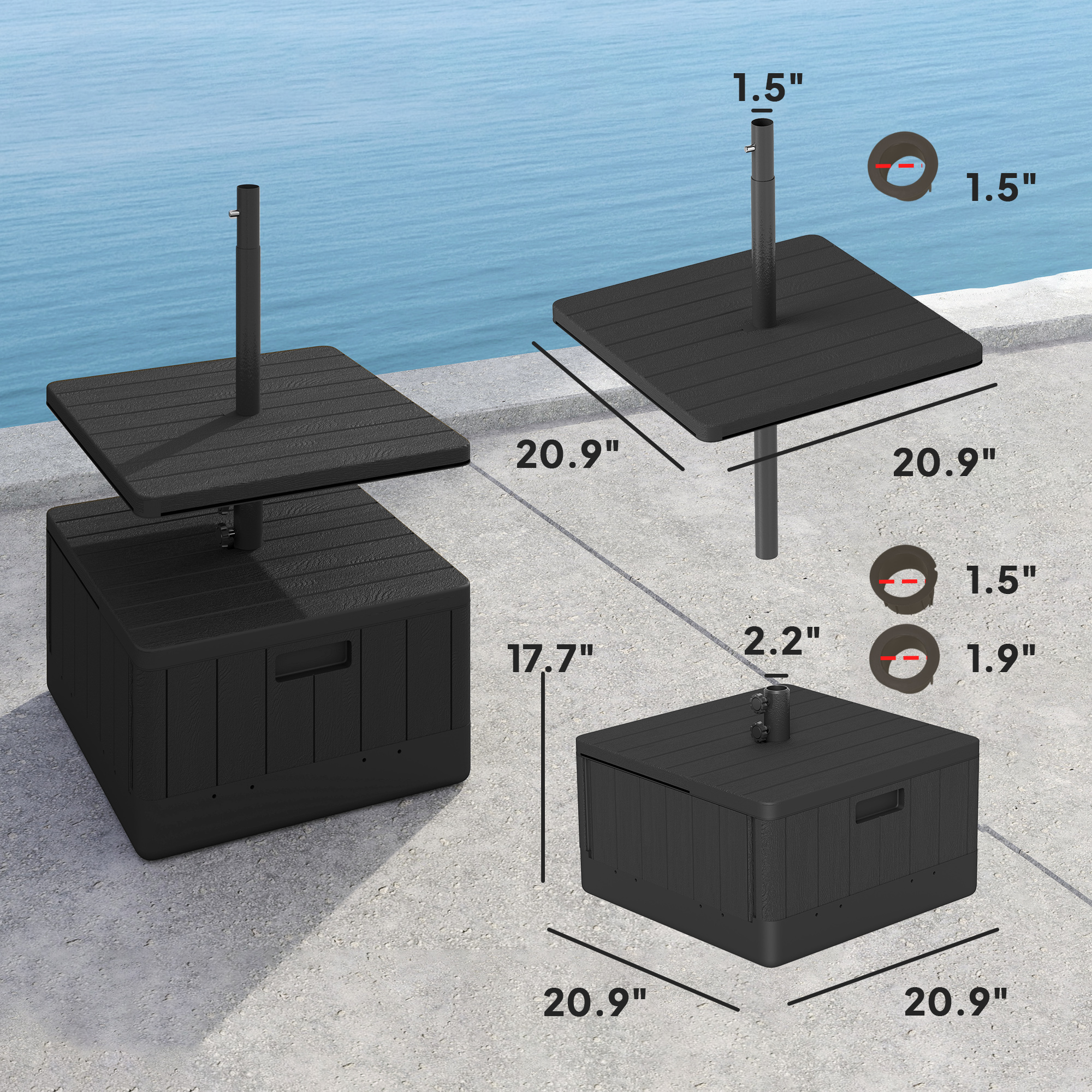 3-in-1 Outdoor Umbrella Base with Table Tray, Coffee End Table, Planter Box with Drain Hole, 175 lbs. Capacity Heavy Duty Fillable Patio Umbrella Stand Table with Wheels and Handles, Black