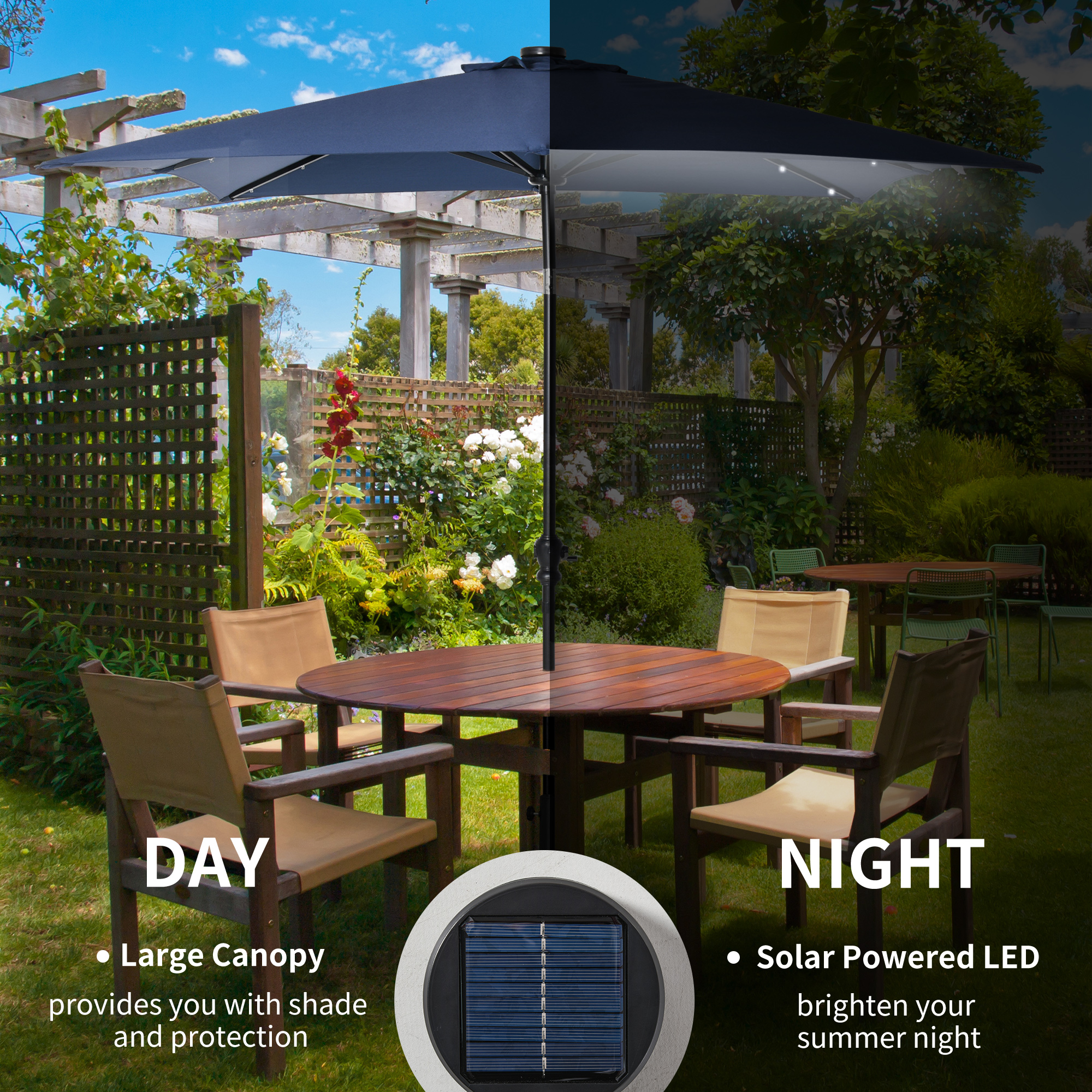9′ x 7′ Solar Umbrella, LED Lighted Patio Umbrella for Table or Base with Tilt & Crank, Outdoor Umbrella for Garden, Deck, Backyard, Pool, Beach, Blue