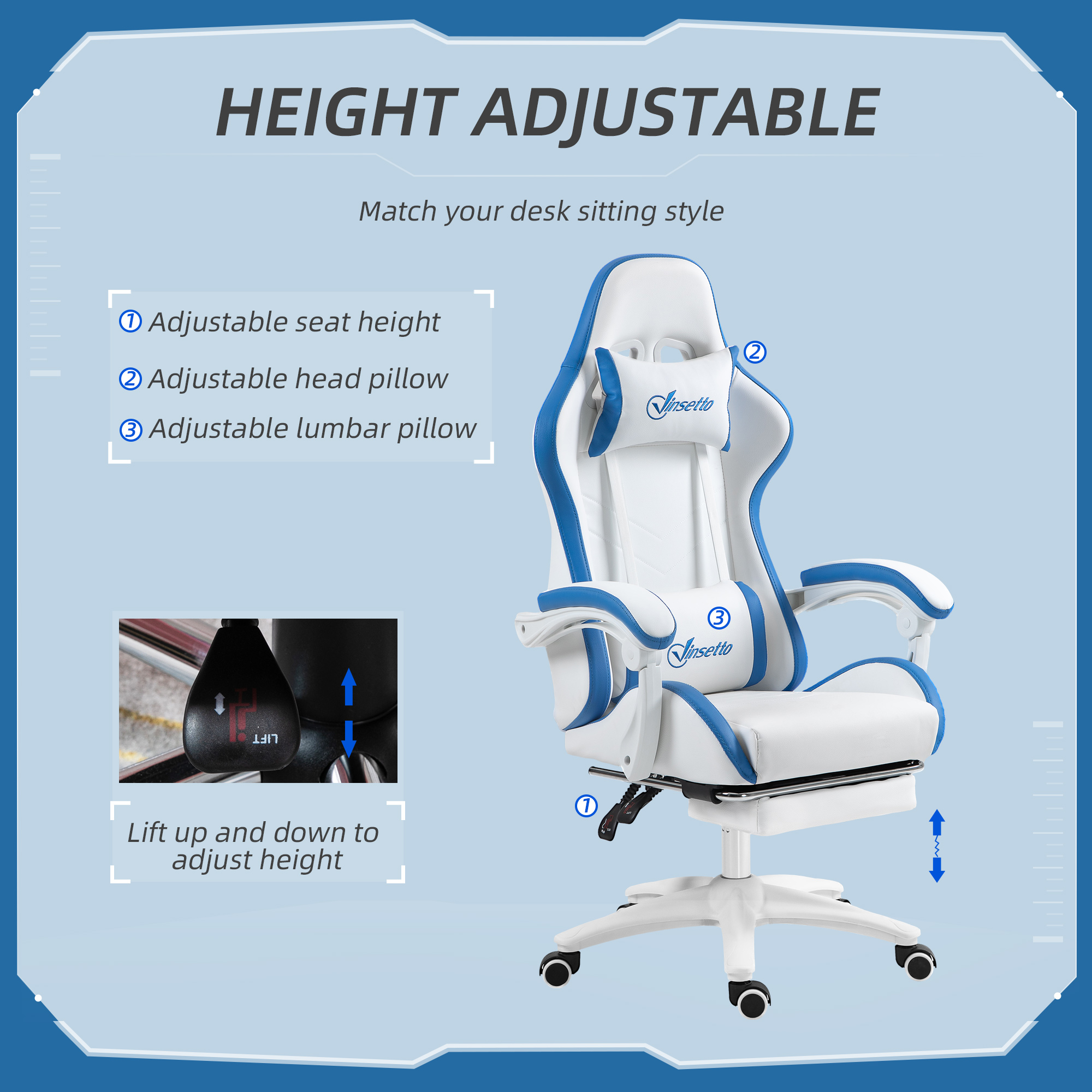 Vinsetto Computer Gaming Chair, PU Leather Office Desk With Footrest, Swivel — image 5