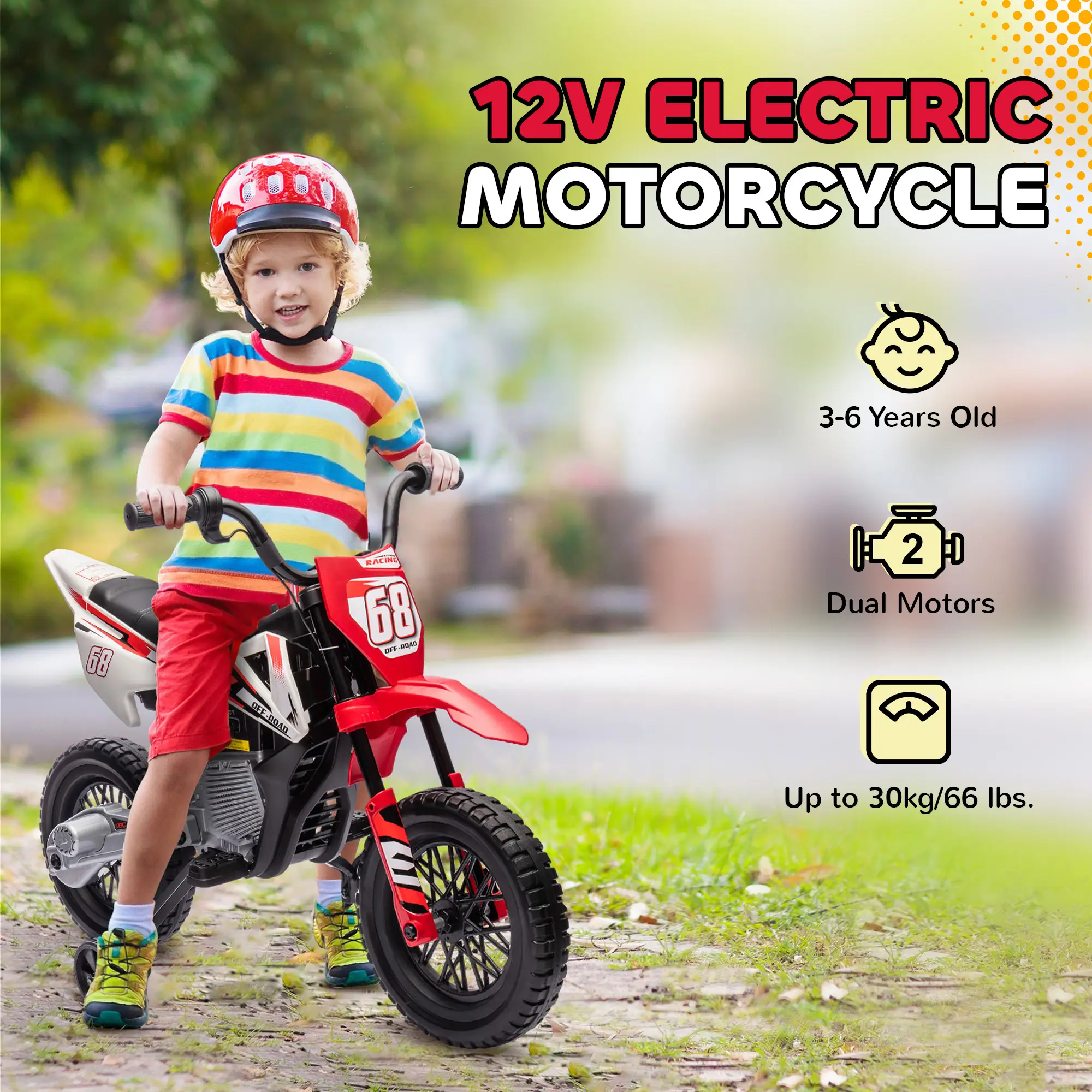 12V Kids Electric Motorcycle w/ Twist Grip Throttle, Training Wheels, Rear Suspension & Music, Red