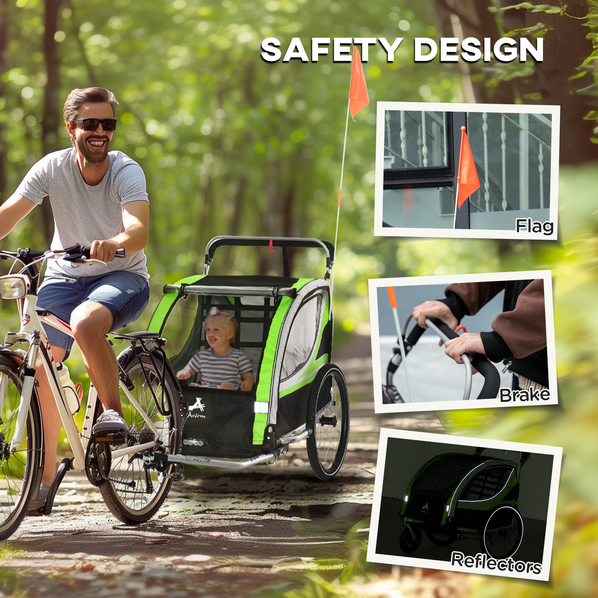 3-in-1 Bike Trailer for Kids, Running Stroller with 2 Seats, Jogging Cart with 5-Point Harness, Storage Units, Green