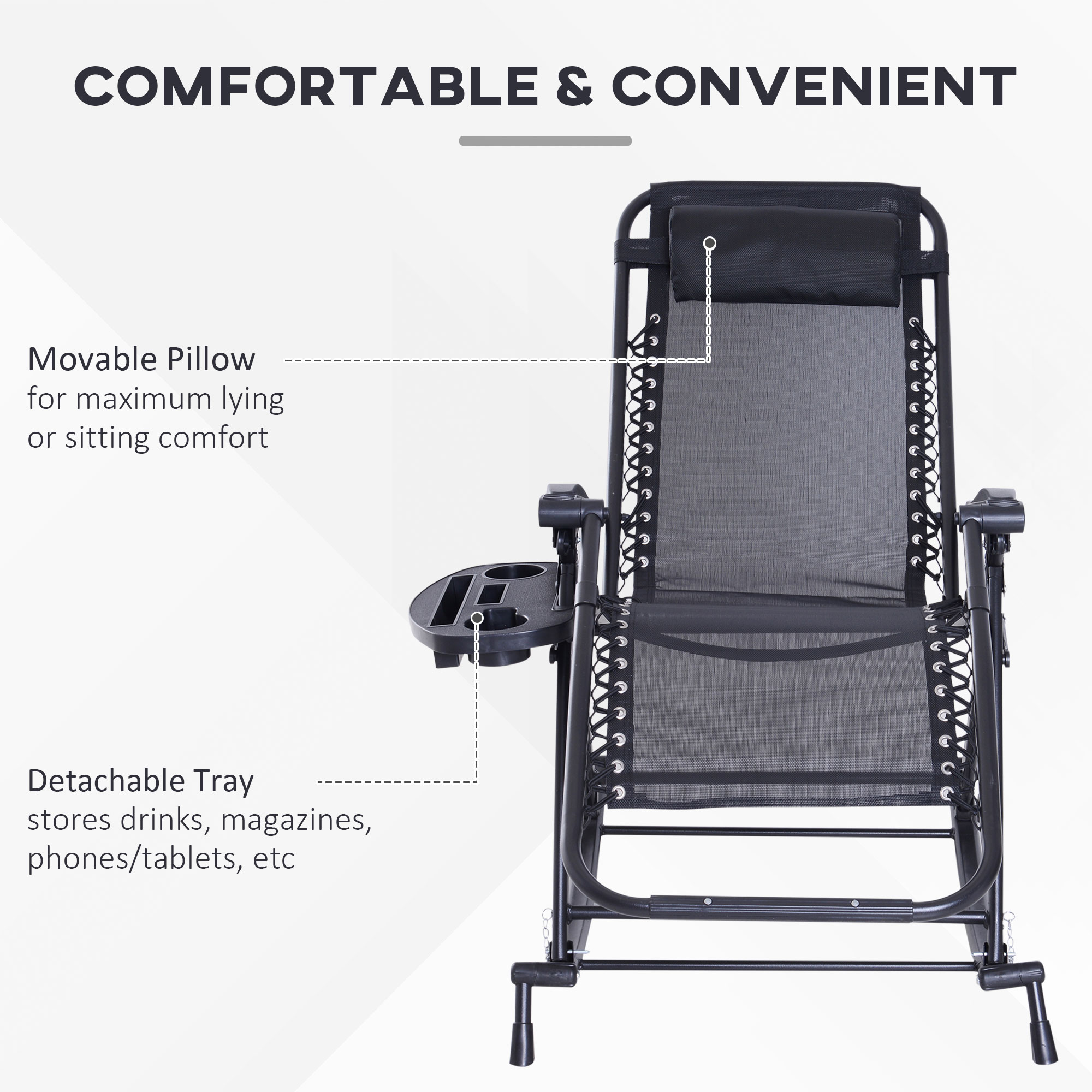  Outdoor Rocking Chairs, Foldable Reclining Zero Gravity Lounge Rocker with Pillow, Cup & Phone Holder, Combo Design with Folding Legs, Black