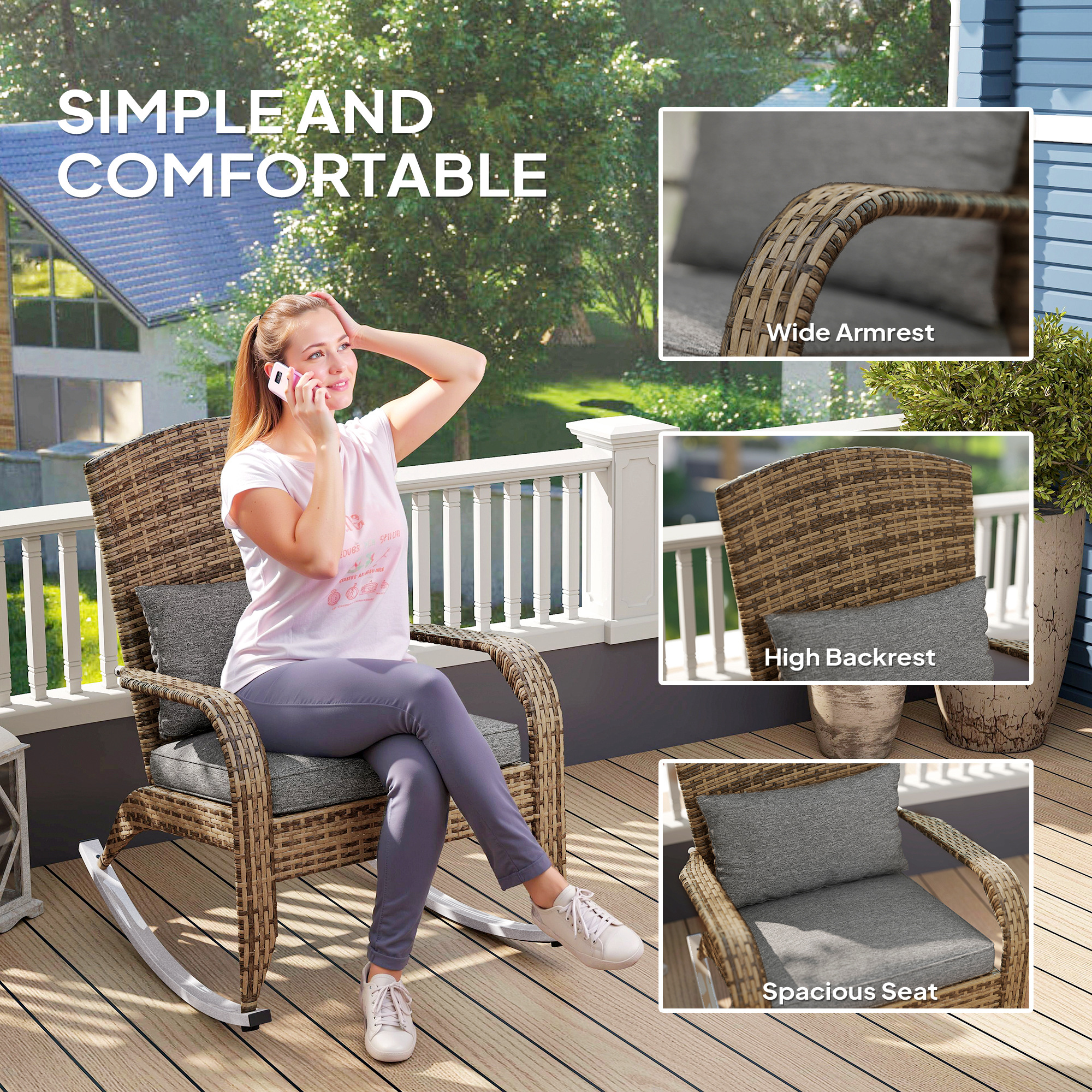  Adirondack Chair, Outdoor Wicker Rocking Chair with High Back, Seat Cushion, and Pillow for Porch, Balcony, Gray