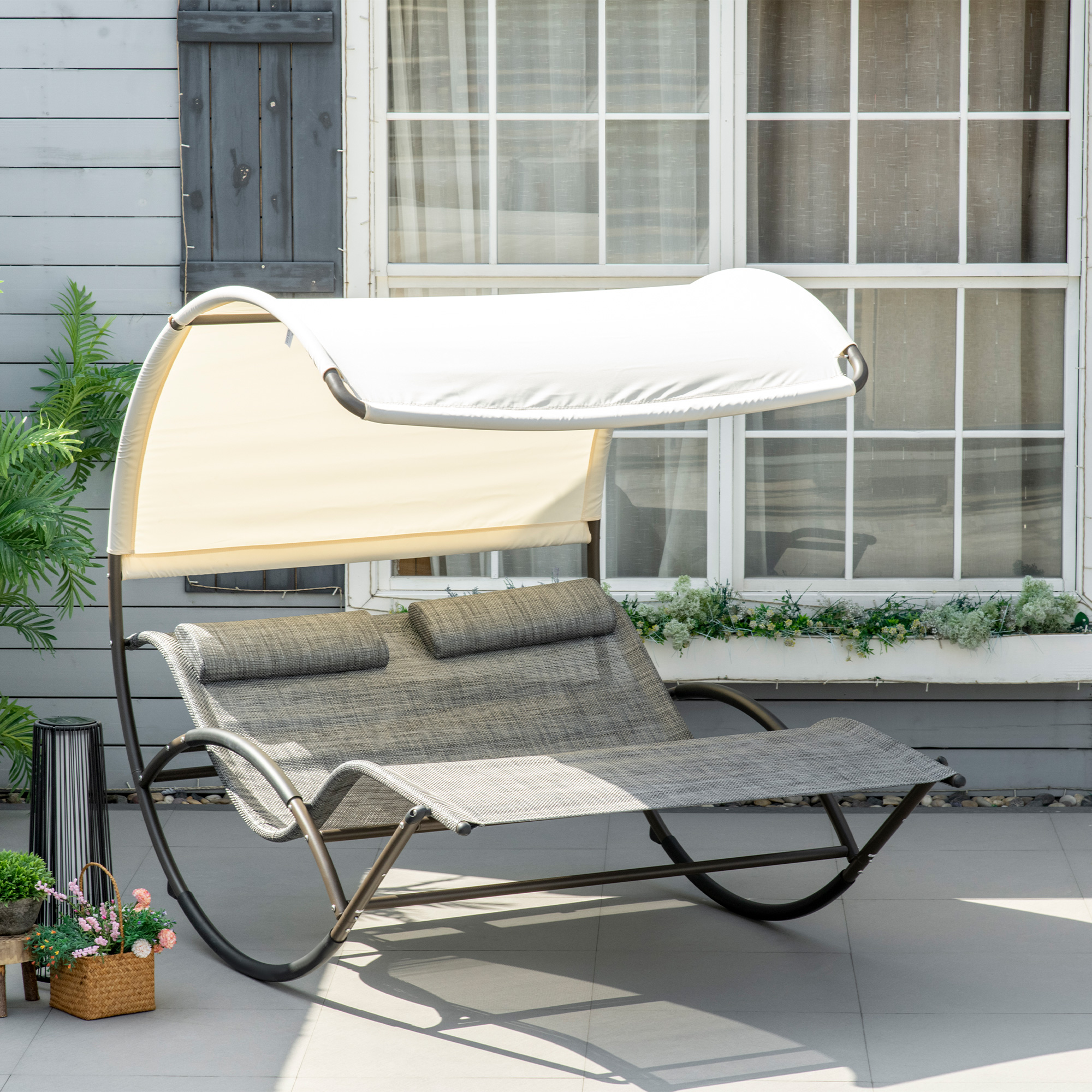  Outdoor Double Chaise Rocking Chair, Day Bed Sun Lounger with Canopy Shade, Headrest Pillow, Armrests for Garden, Poolside, Light Gray