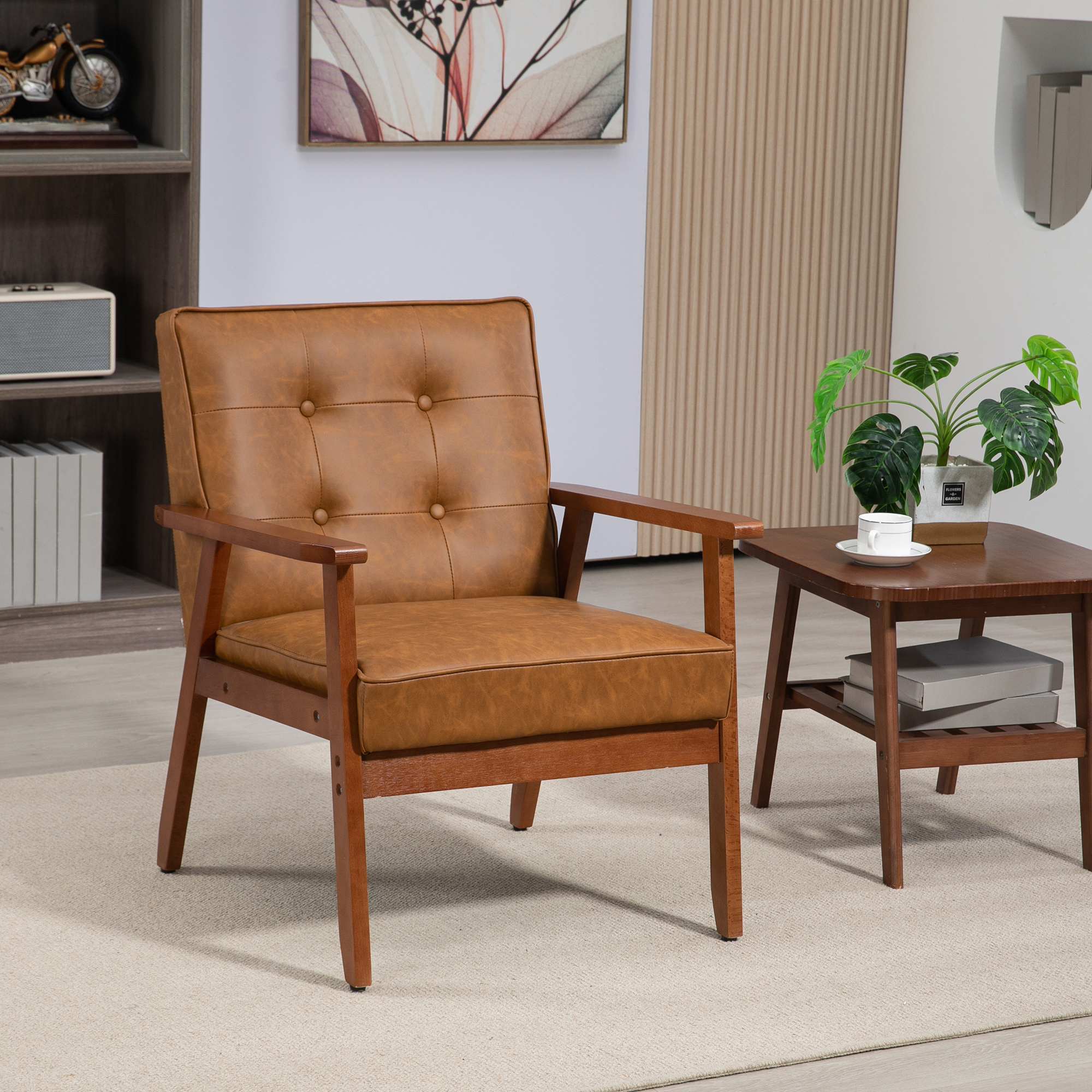 Retro-Style Accent Chair, With Faux Leather Seat - Brown — image 5