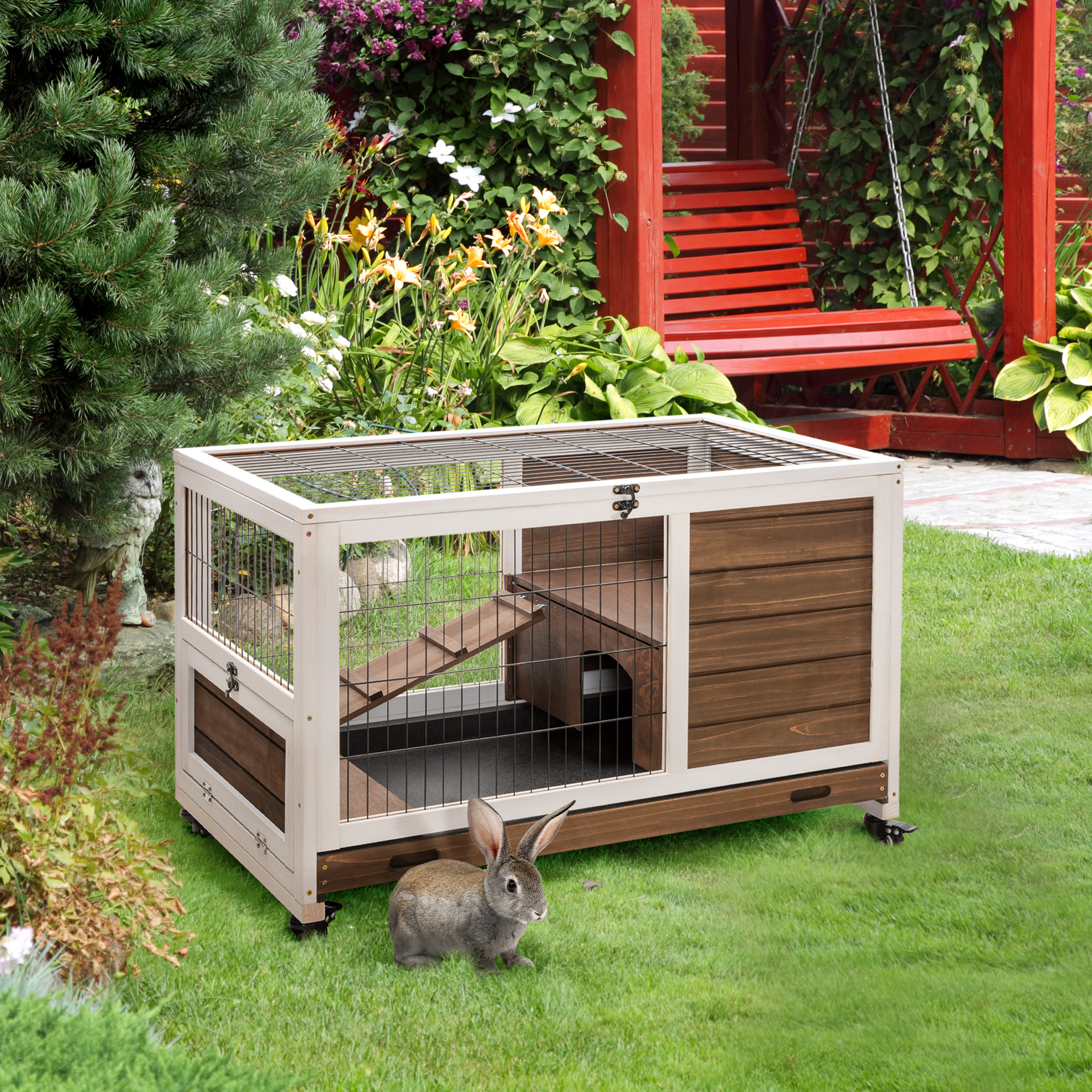  Indoor Rabbit Enclosure, on Wheels, Indoor Bunny Cage Small Animal House with Pull Out Tray Casters Ramp, 35.5" x 21" x 23", Brown