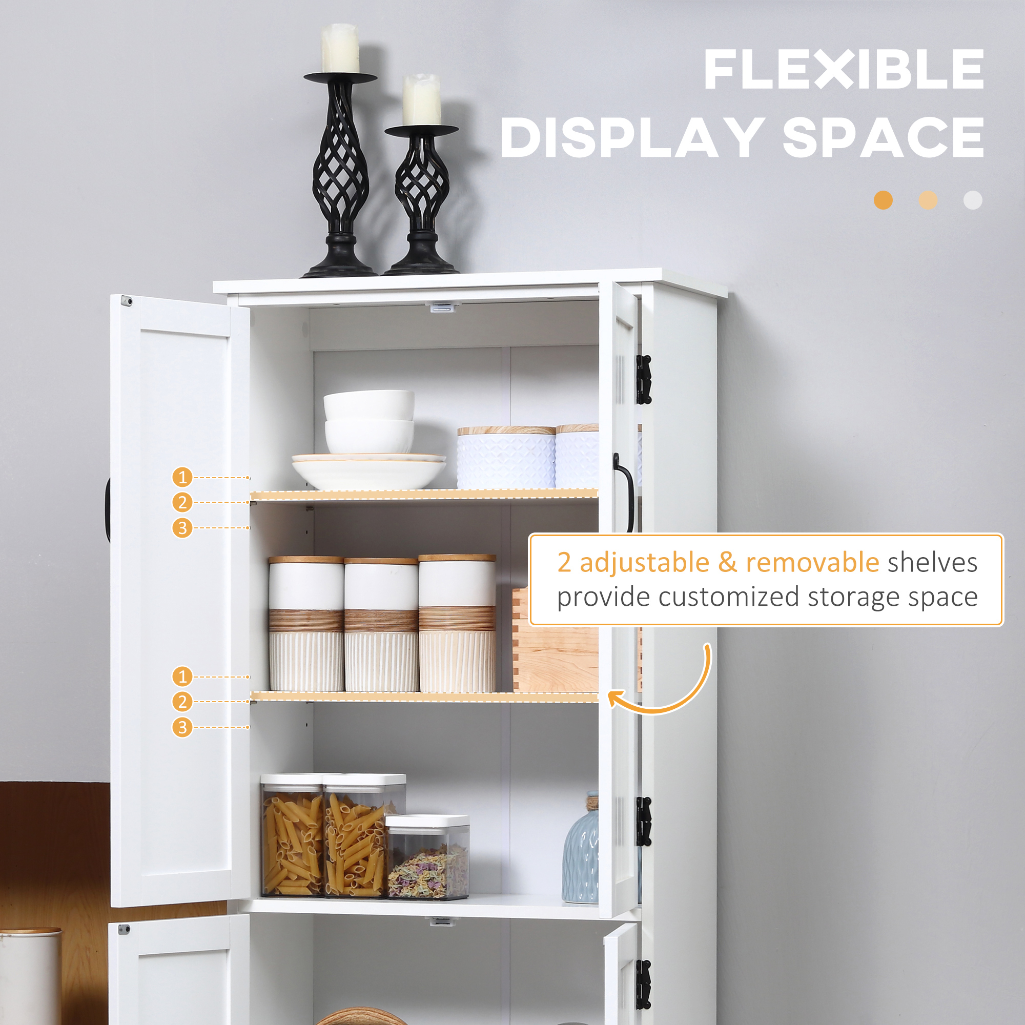 Accent Floor Storage Cabinet Kitchen Pantry with Adjustable Shelves and 2 Lower Doors, White image 4