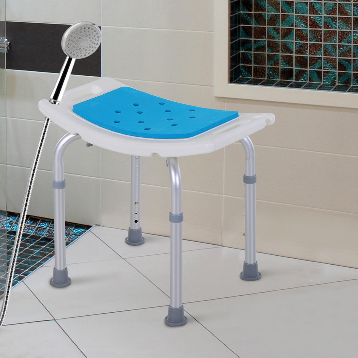  Adjustable Aluminum Bath Stool Spa Shower Chair Non-Slip w/ Shower Hole