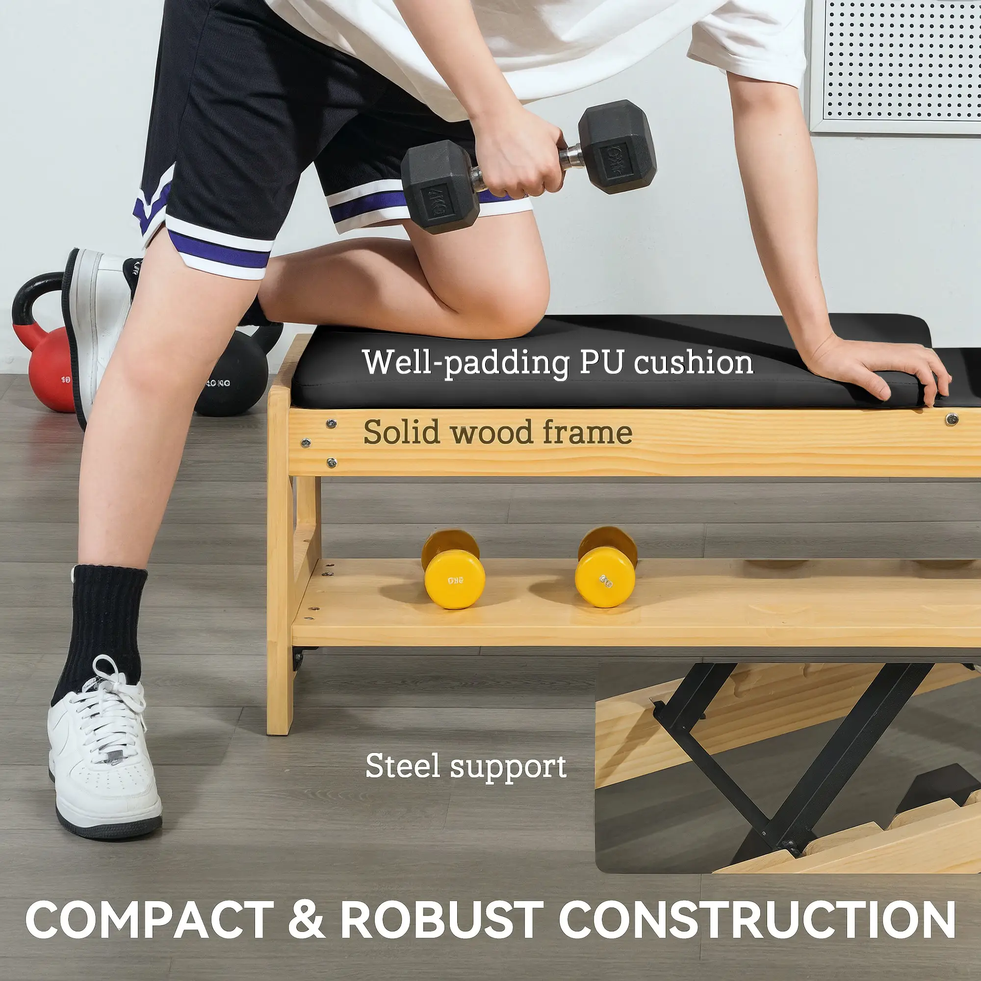 Wooden Adjustable Weight Bench with Dumbbell Rack, Flat or Incline Workout Bench for Home Gym Weight Lifting, Black