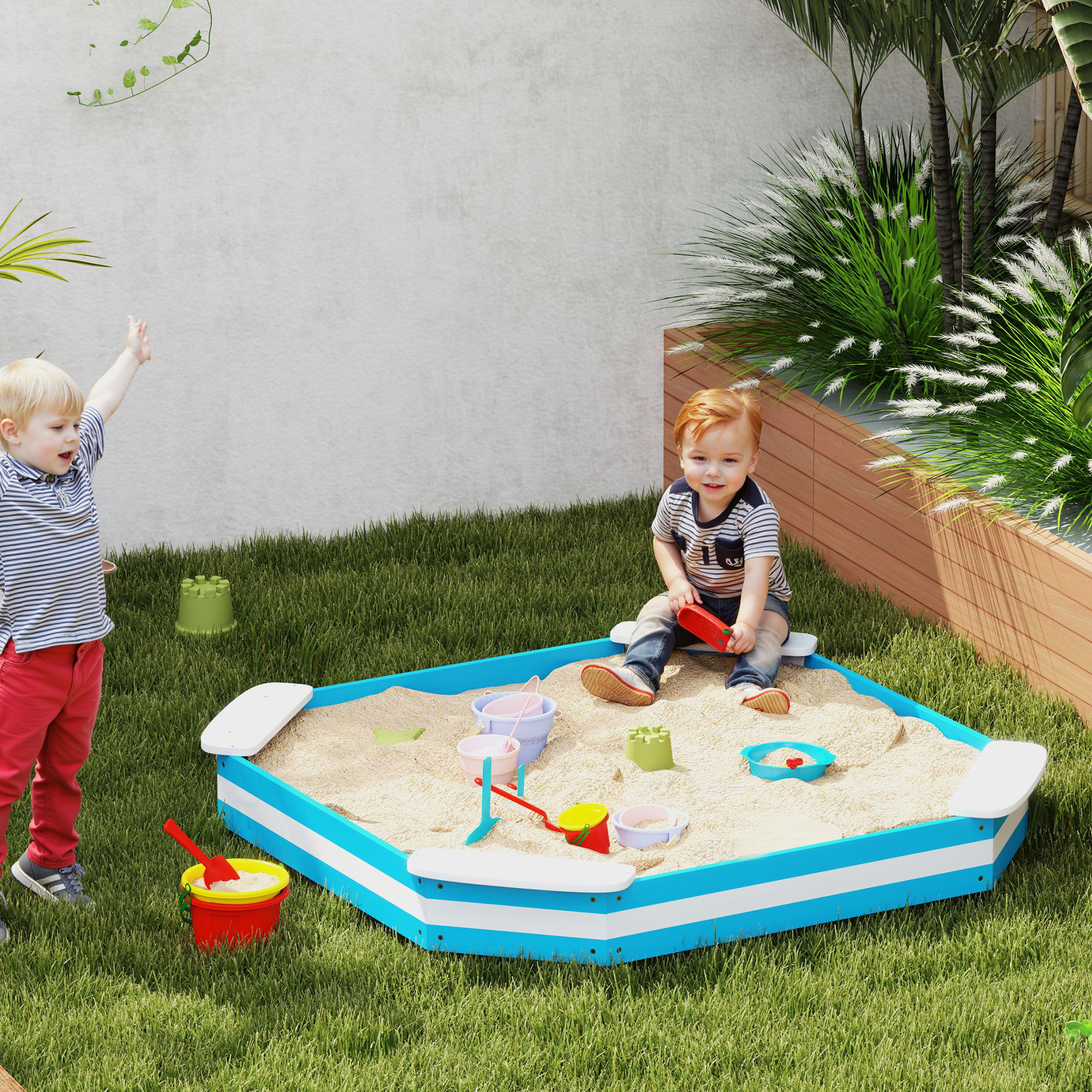 Kids Sandbox with 4 Corner Seats, Bottom Liner for Backyard, Garden, Outdoor, 52" x 52" x 6", Blue