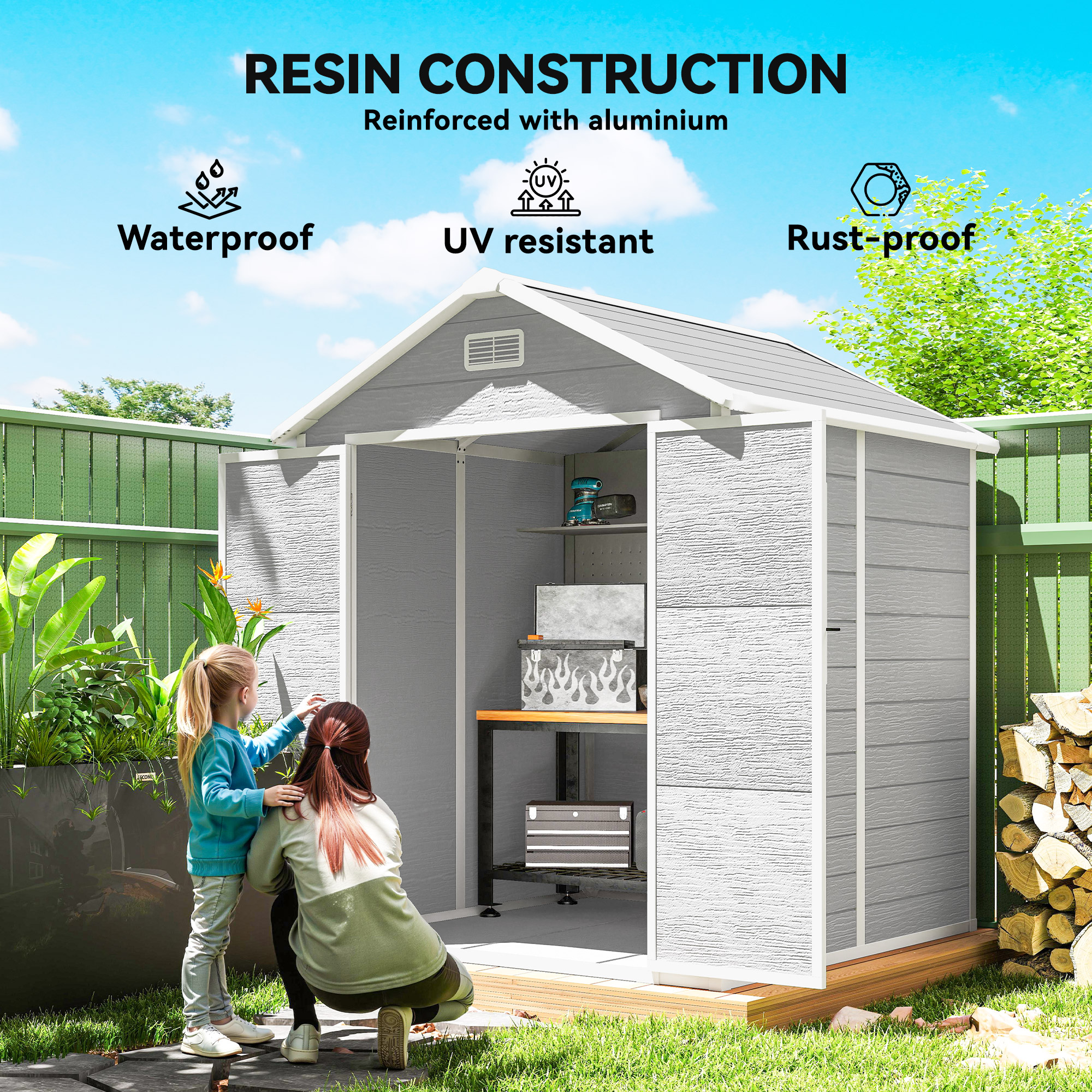 6 X 5ft Garden Shed, Plastic Shed With Floor, Window, Lockable Doors And Vents, Wood Effect Resin Tool Shed For Outdoor Patio, Light Grey