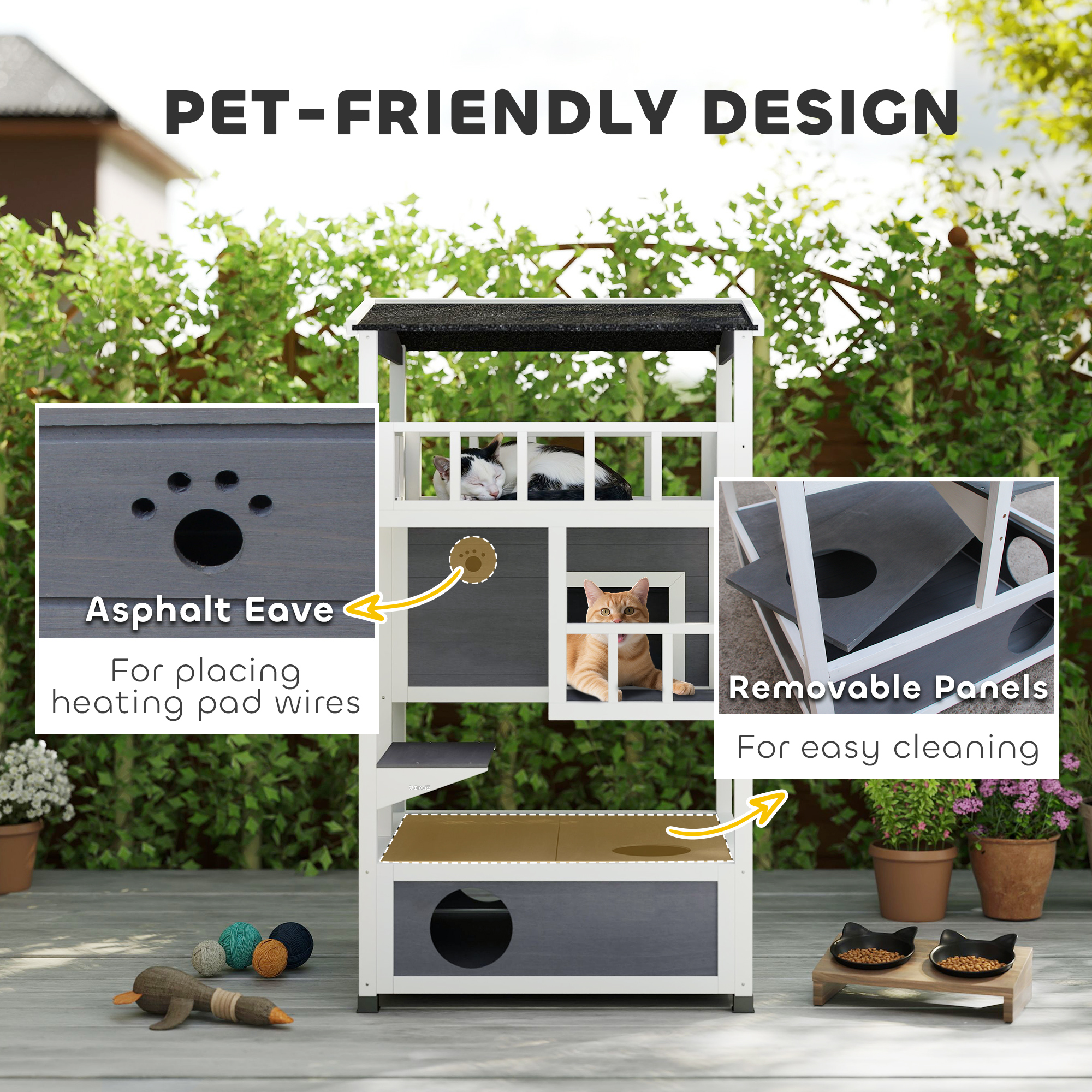  Wooden Outdoor Cat House, Feral Cat Shelter Kitten Condo with Asphalt Roof, Escape Doors, Condo, Jumping Platform, Gray