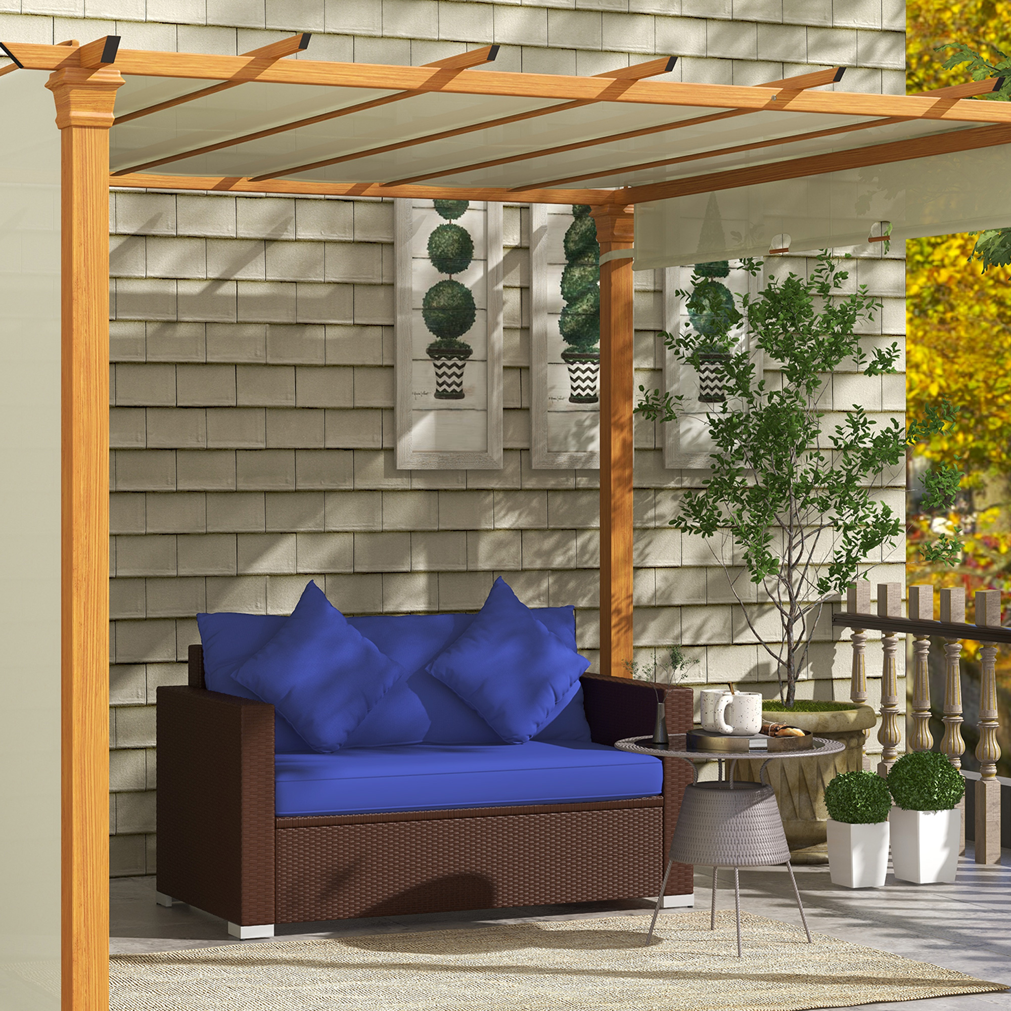  Wicker Loveseat, Patio Furniture Couch with Cushions, 2 Seat PE Rattan Sofa, 2 Throw Pillows, Blue