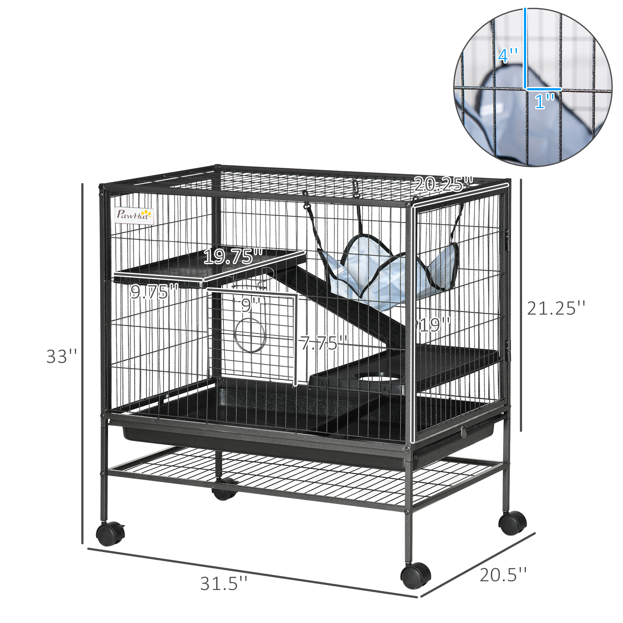  Small Animal Cage with Wheels, Pet Playpen for Rat, Syrian Hamster, Kitten, Ferrets, Chinchillas with Bottom Storage Shelf, Removable Tray, Ramp, 31.5" x 20.5" x 33.1"