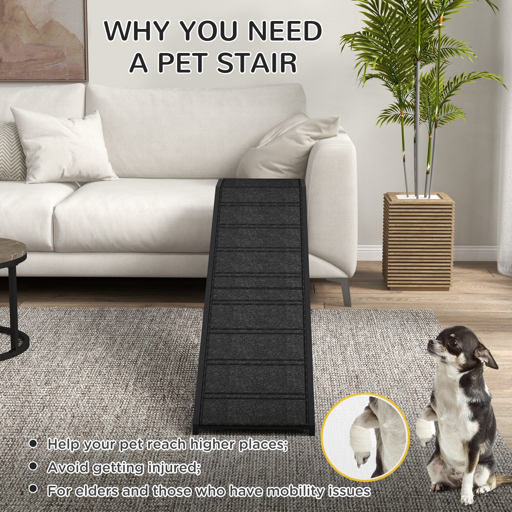  Dog Ramp w/ Non-Slip Carpet and Top Platform, 74" x 16" x 25", Black