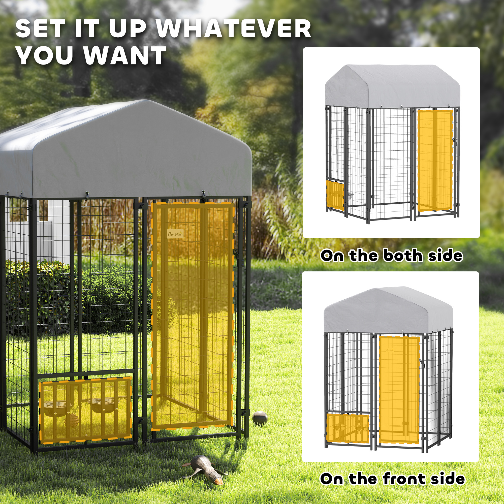  Welded Wire Outdoor Dog Kennel with 360° Rotating & 4 Levels Adjustable Bowls, Waterproof Cover, 3.9' x 3.9' x 6'