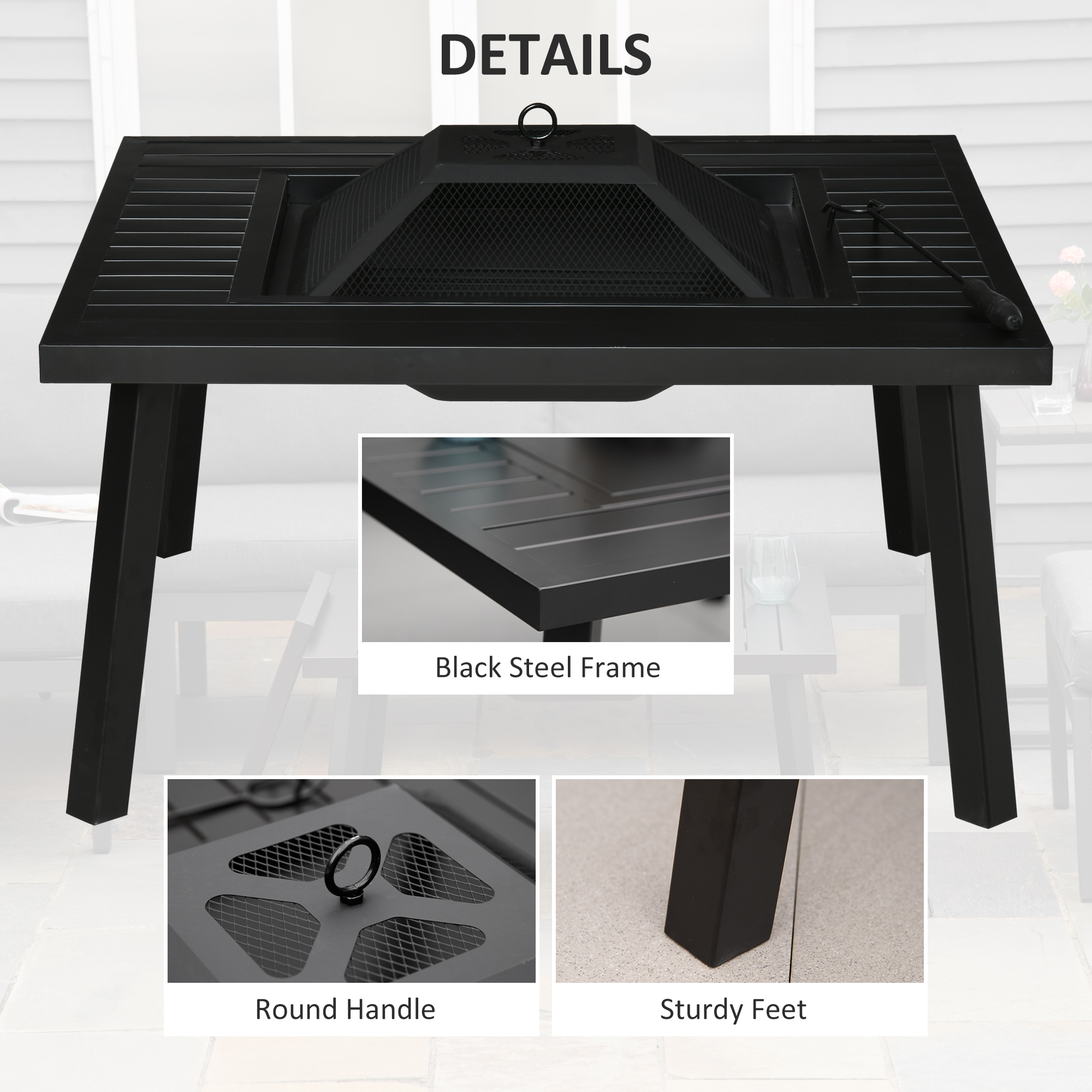  34" Fire Pit with Grill, Metal Outdoor Wood Burning Firepit with Spark Screen, Fire Poker, Cover, Table Lip, Black