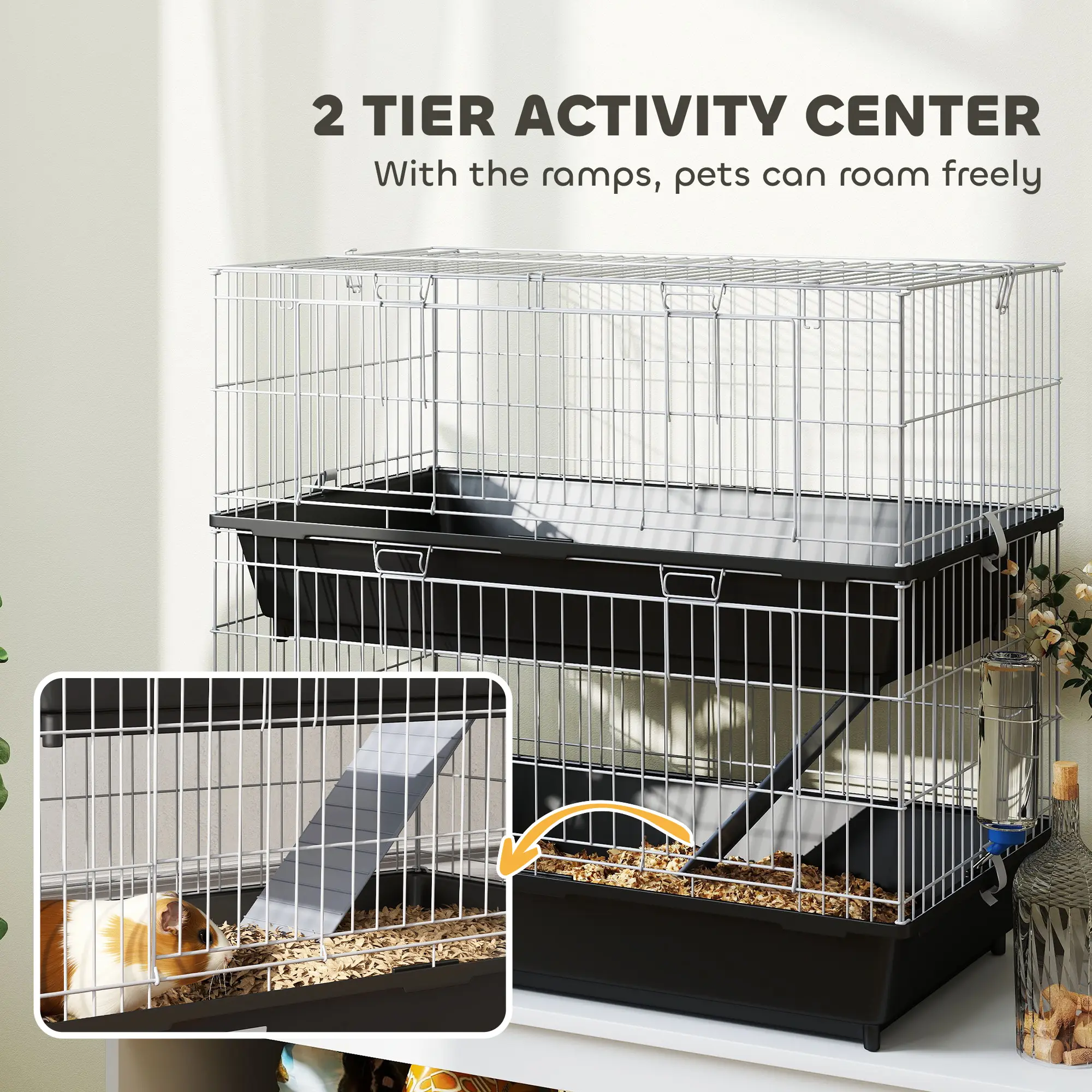 2-Tier Small Animal Cage with 2 Doors, Trays, Dish, Bottle, and Ramp for Bunny, Ferret, Chinchilla, Black