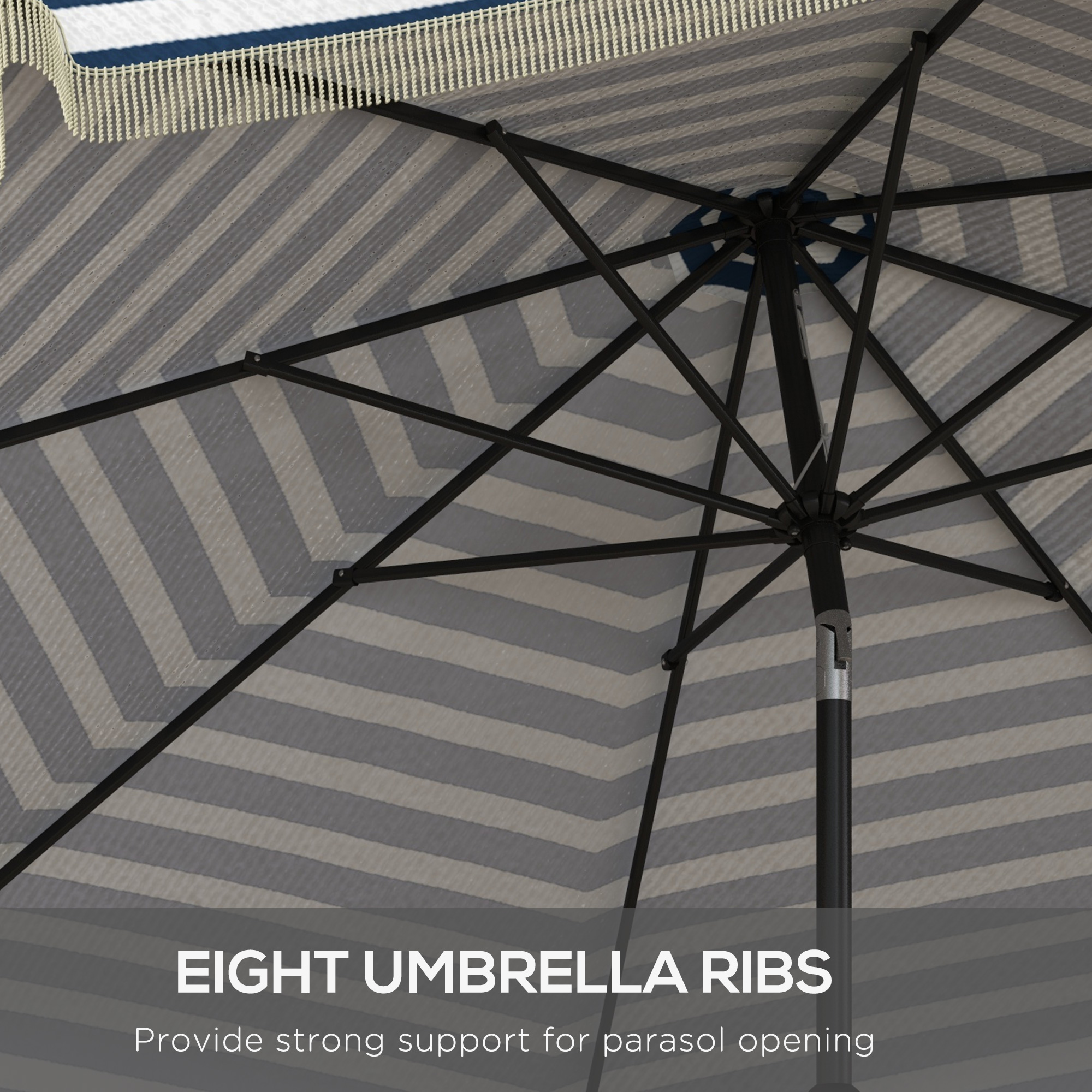 9ft Patio Umbrella Outdoor Table Umbrella w/ Tilt, Crank, Ruffled, 8 Ribs for Garden, Deck, Pool, Blue Stripe - Image 4