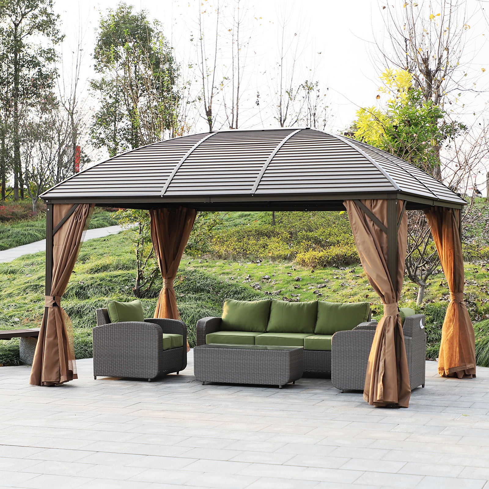 10 x 13 Hardtop Gazebo with Curtains, Netting, Pavilion with Steel Roof Ceiling Hook for Garden Patio, Brown