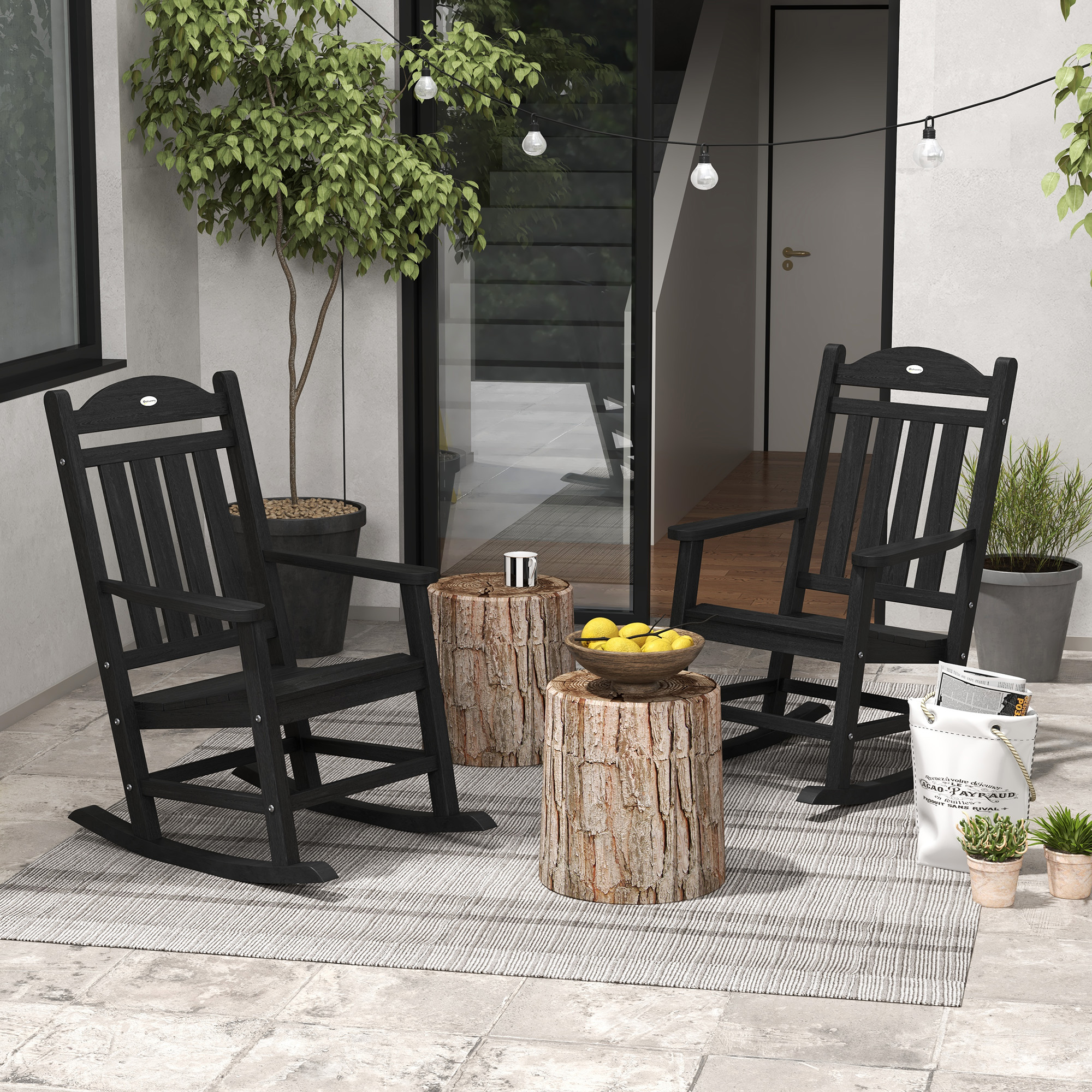2PCs Outdoor Rocking Chair with Armrests, Fade-Resistant Waterproof HDPE for Indoor & Outdoor, Black