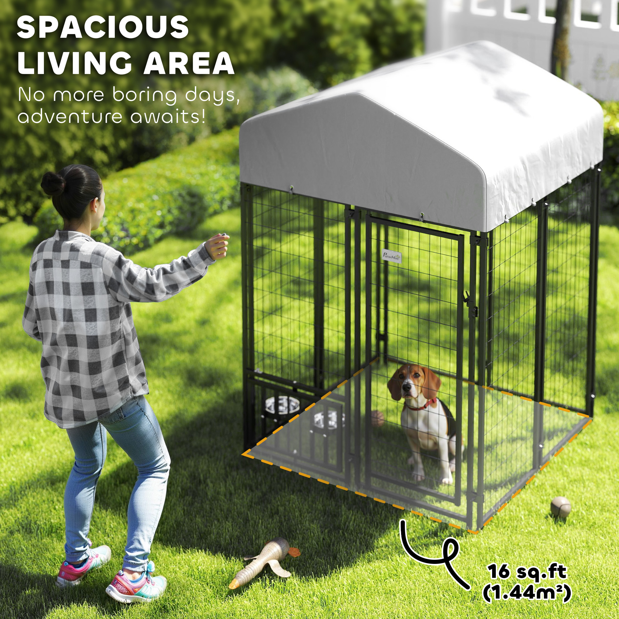  Welded Wire Outdoor Dog Kennel with 360° Rotating & 4 Levels Adjustable Bowls, Waterproof Cover, 3.9' x 3.9' x 6'