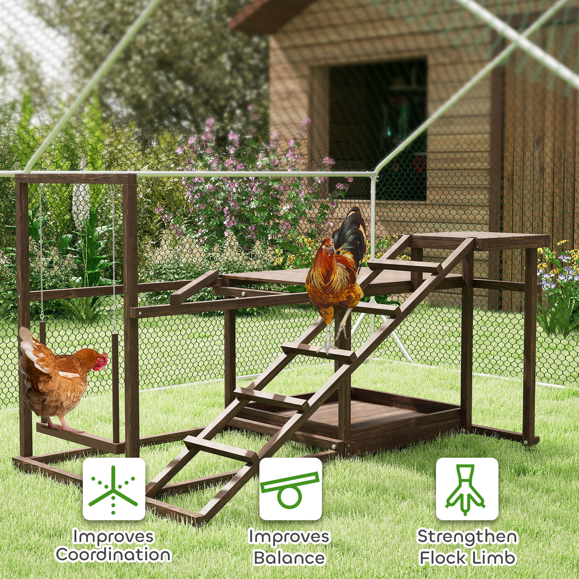  Wooden Chicken Activity Play Set with Perch, Swing, Ladder, Platforms, Feeder Storage, Coffee