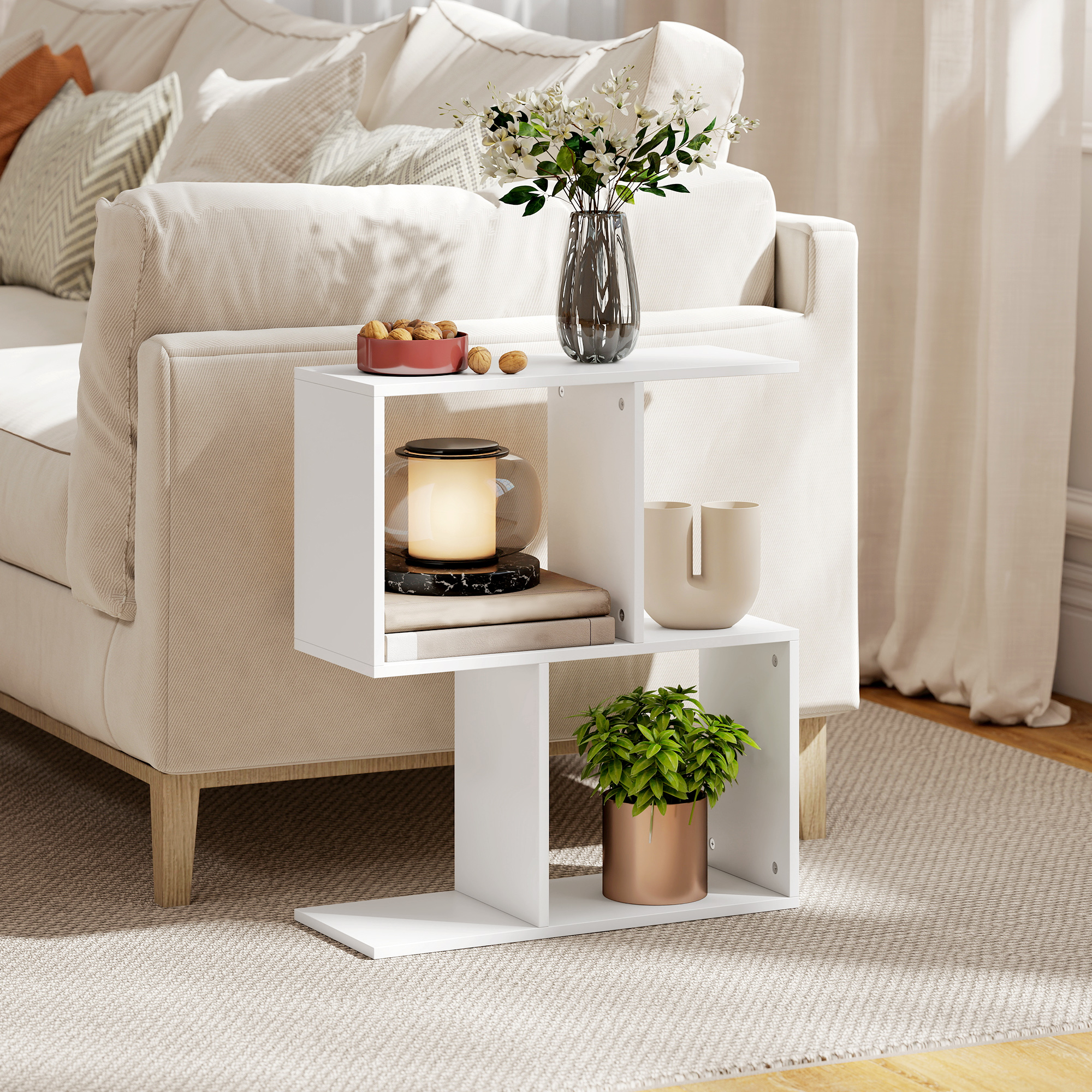 Side Table, Narrow End With Storage Shelves, S-Shaped, 3-Tier, 50W X 19.5D X — image 2