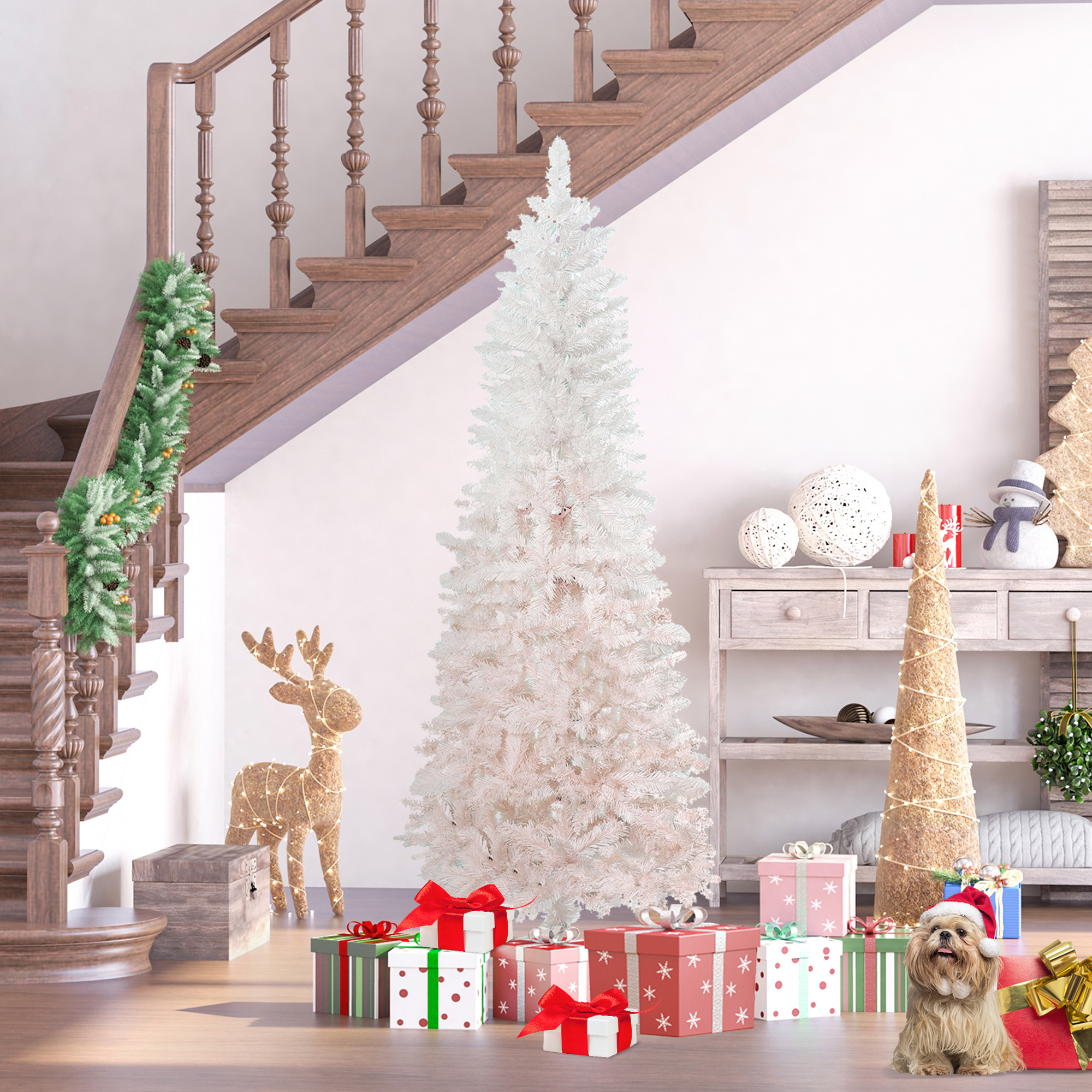  6' Tall Unlit Pencil Fir Artificial Christmas Tree with Realistic Branches and Steel Base, Pink and White