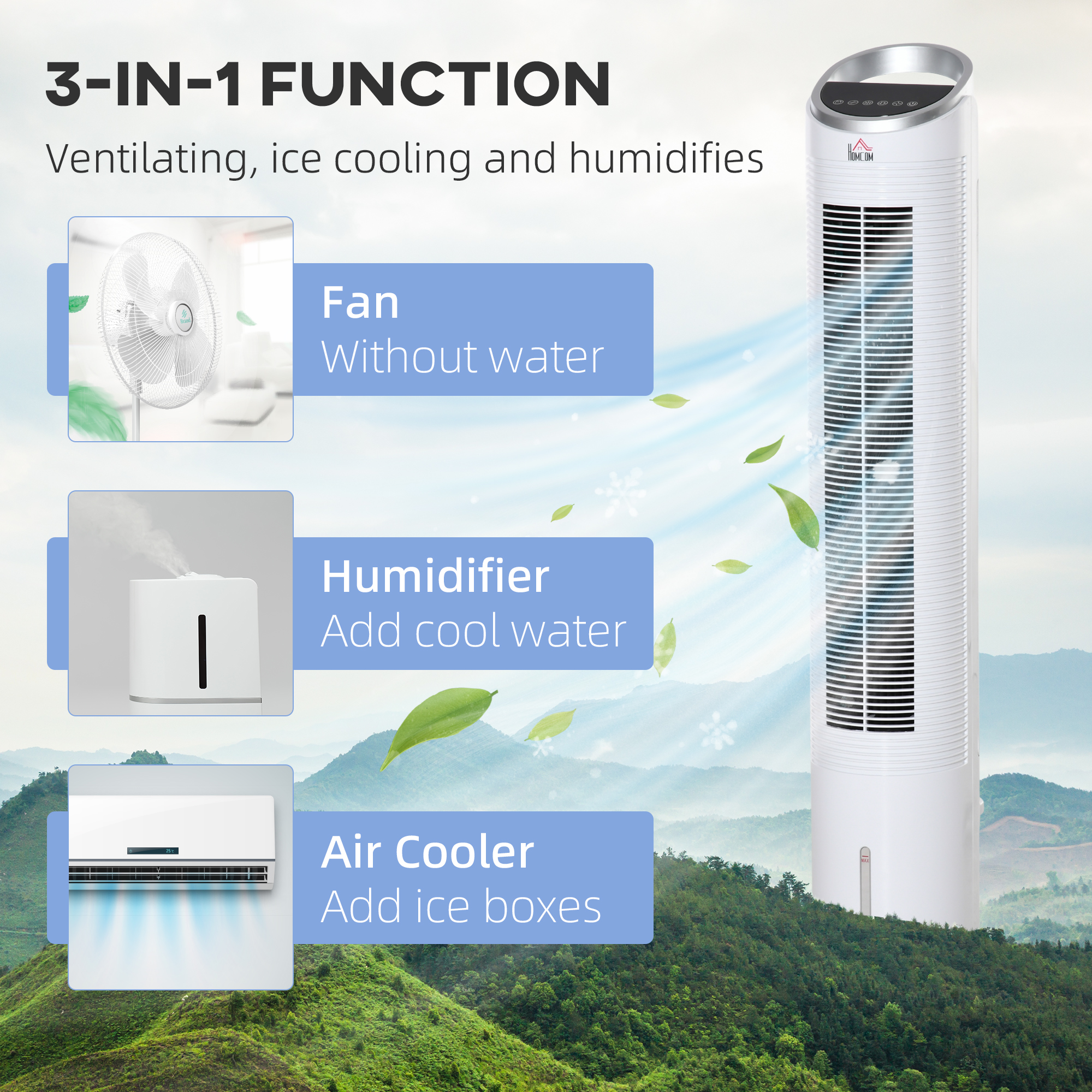  40" Portable Oscillating Air Cooler Fan for Home Office, 3-In-1 Standing Ice Floor Fan with Humidifier, 3 Modes, 3 Speeds, 8H Timer, Remote, LED Display, White