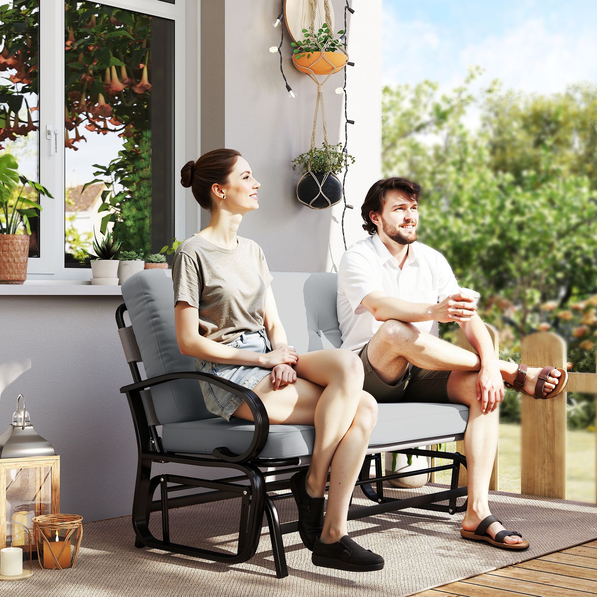 Outdoor Glider Bench, 2-Person Patio Rocker Loveseat with Tufted Cushions, Steel Frame for Porch, Garden Backyard, Gray