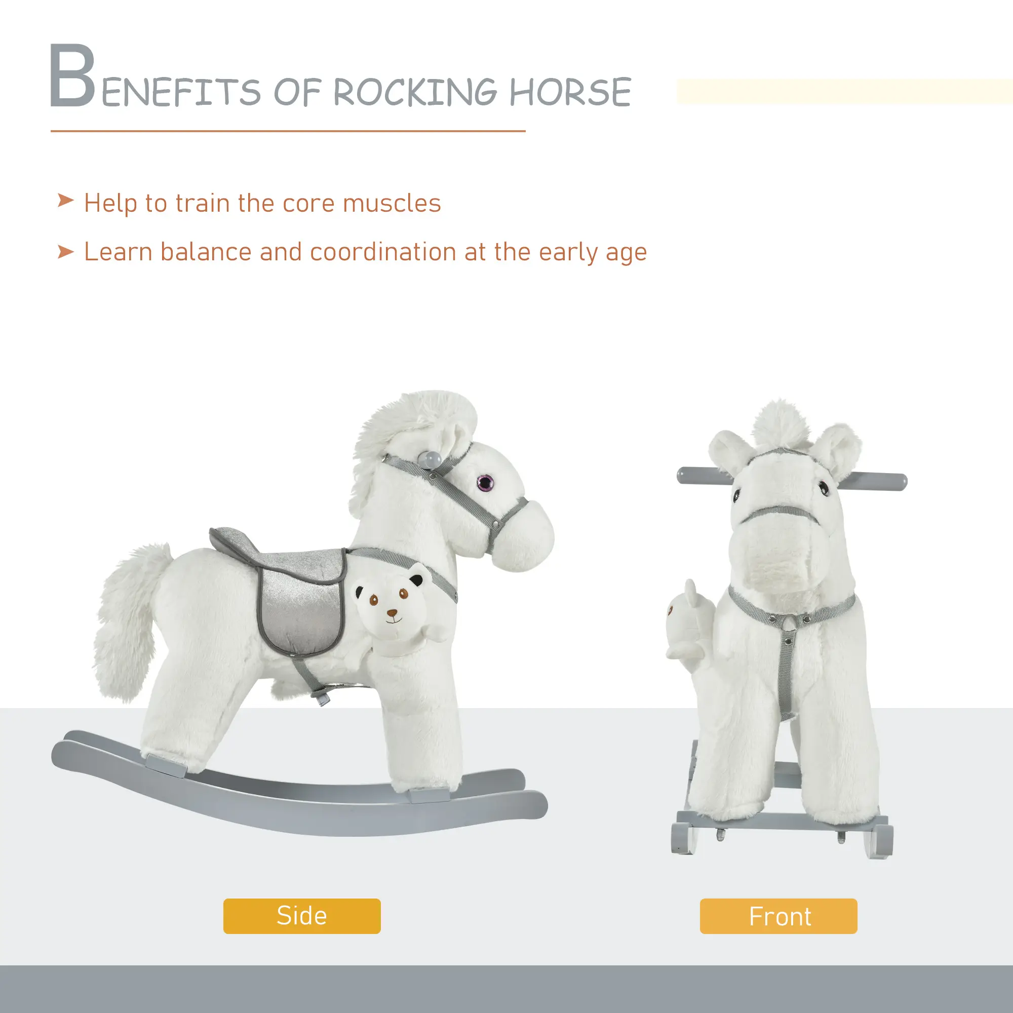 Kids Rocking Horse with Bear Toy, Plush Animal Rocker with Fun Realistic Sounds for Toddler 18-36 Months, White