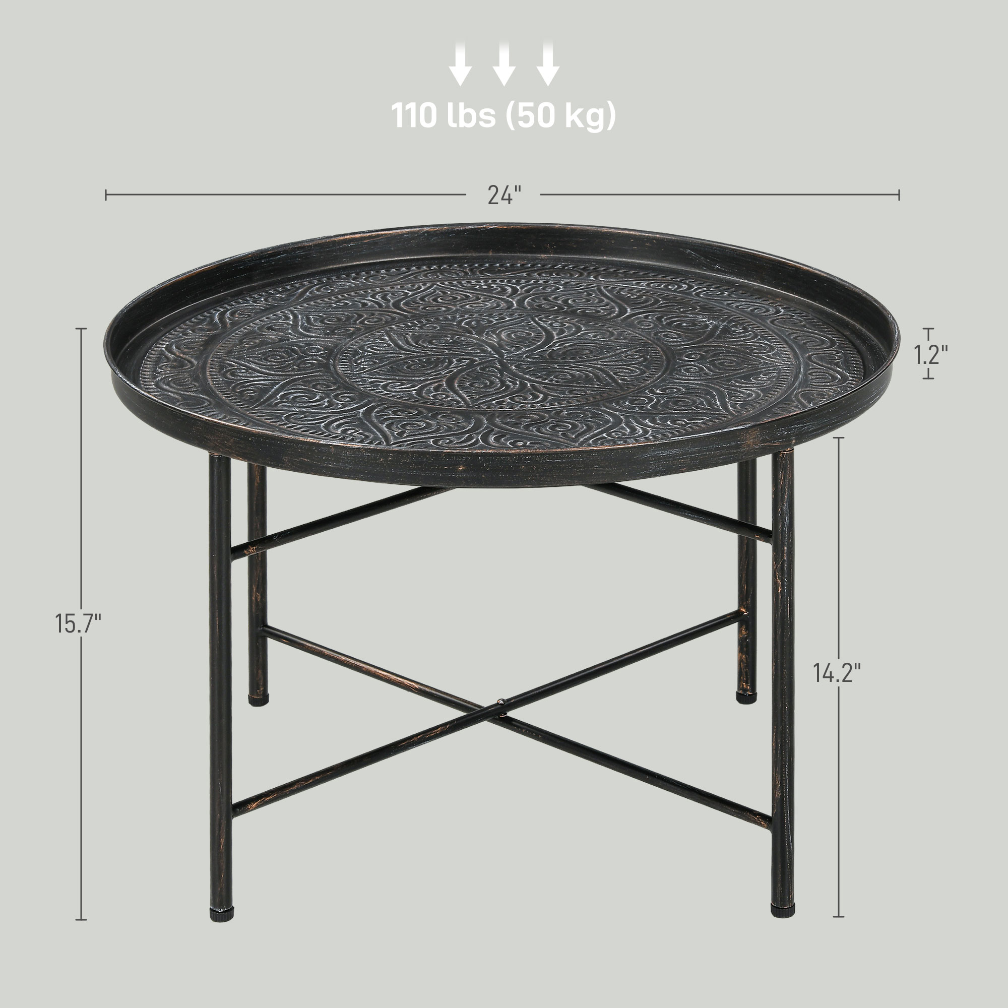 Coffee Table for Living Room, 24" Round Center Table with Hammered Tray Top and Metal Frame for Bedroom… image 2