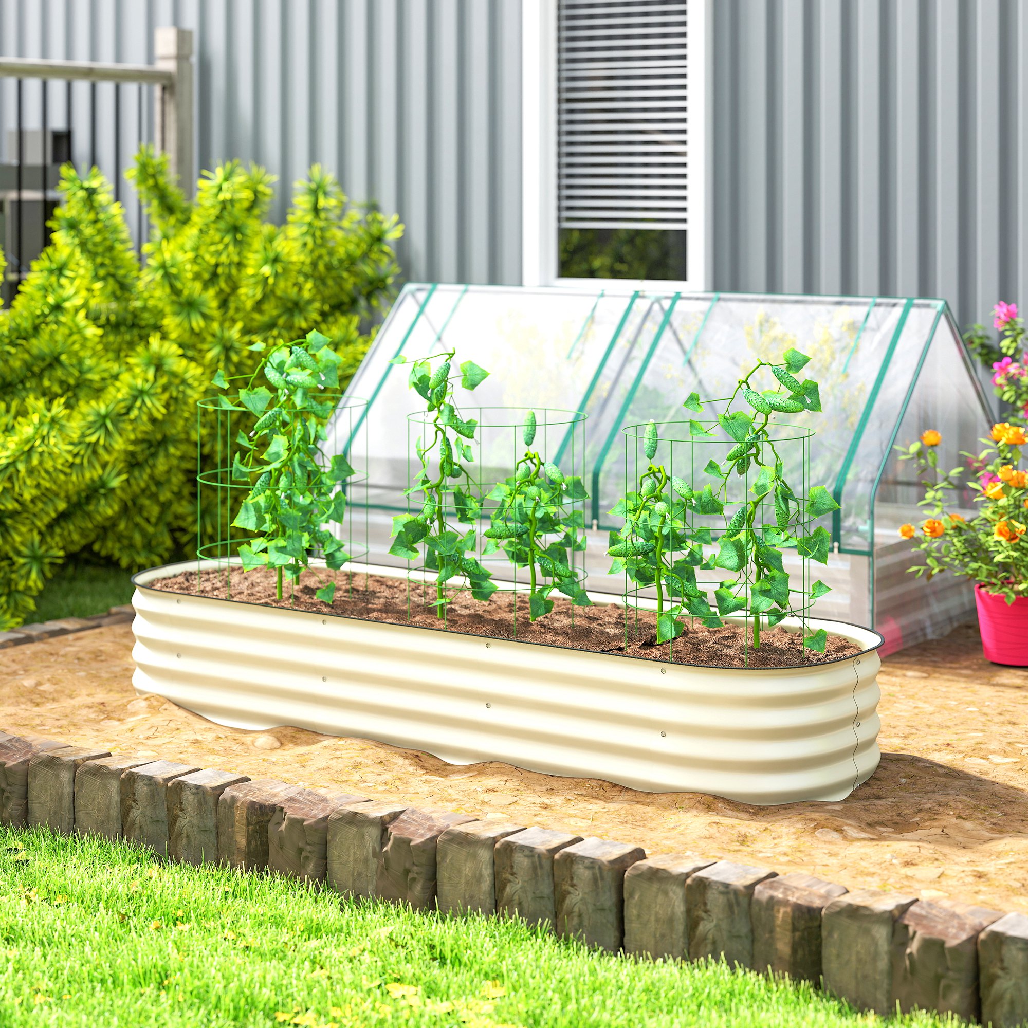6.4 x 2 x 1 Galvanized Raised Garden Bed Kit, Metal Planter Box with Safety Edging, Cream