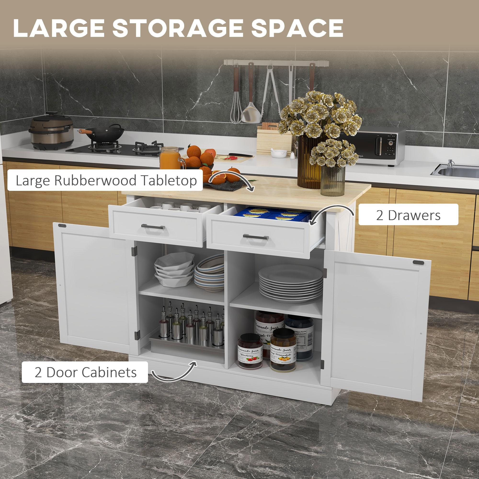 Rolling Kitchen Island with Drop Leaf Wood Breakfast Bar view 2