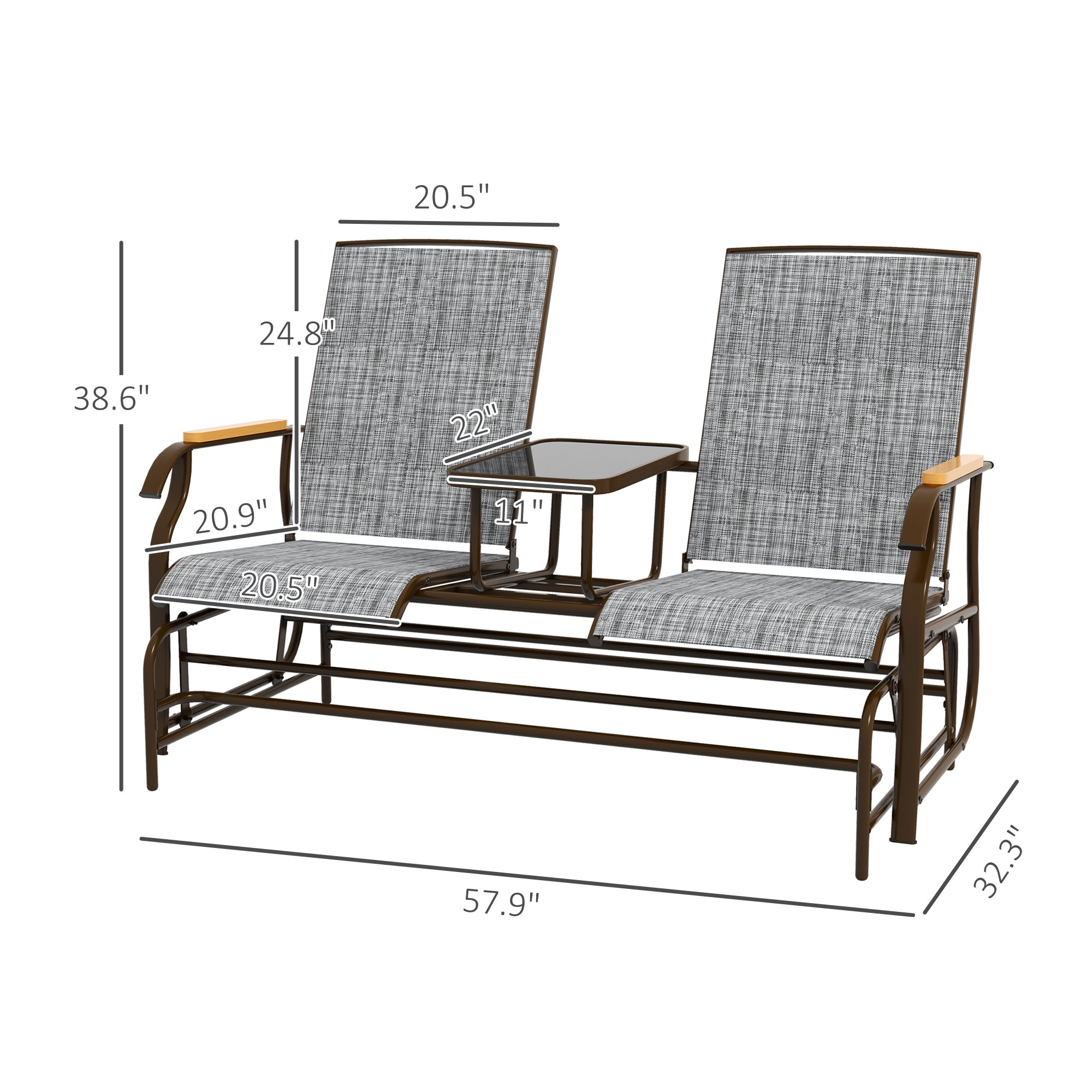 Outdoor 2-Person Glider Bench, Outside Glider Swing Chair Loveseat with Table, Steel Frame, Gray - Image 4