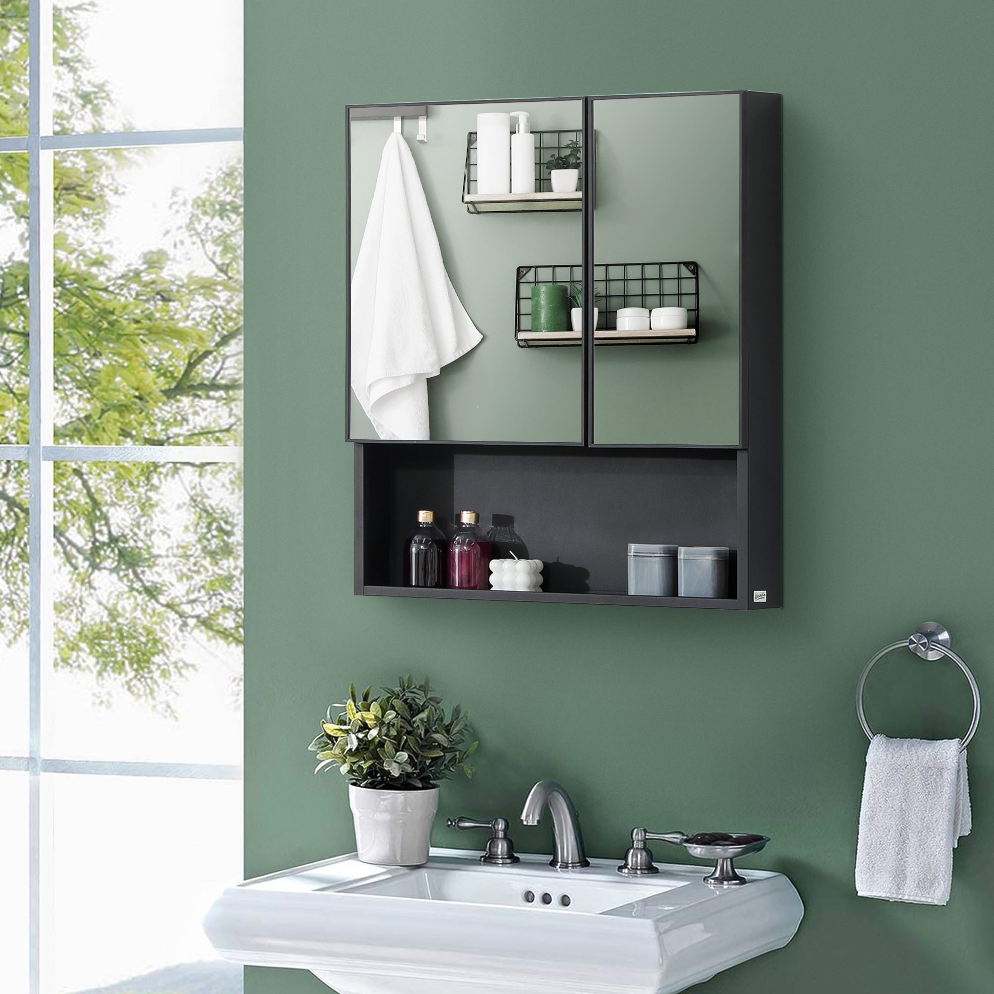  Wall-Mounted Medicine Cabinet, Bathroom Mirror Cabinet with Double Doors and Storage Shelves, Black