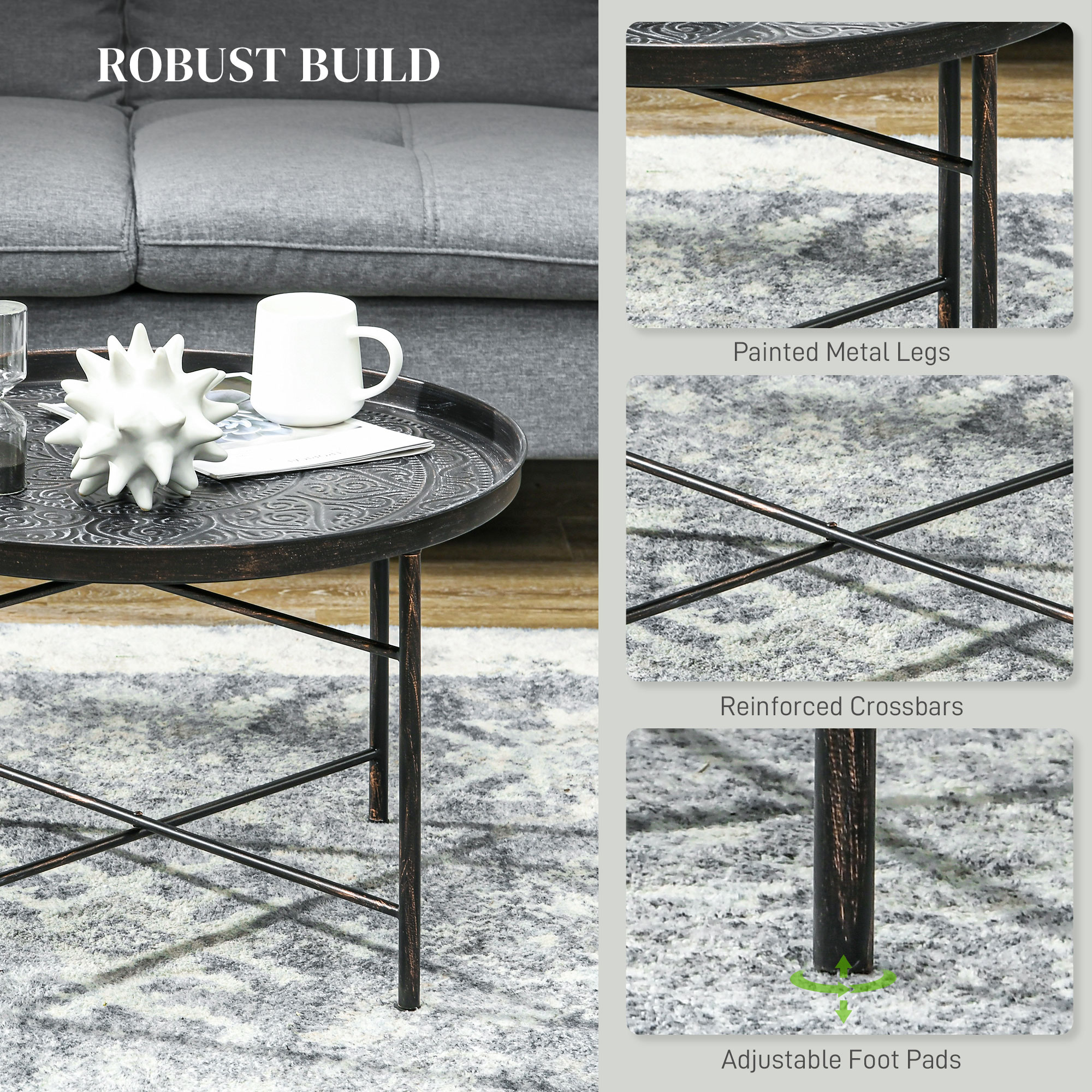 Coffee Table for Living Room, 24" Round Center Table with Hammered Tray Top and Metal Frame for Bedroom… image 4
