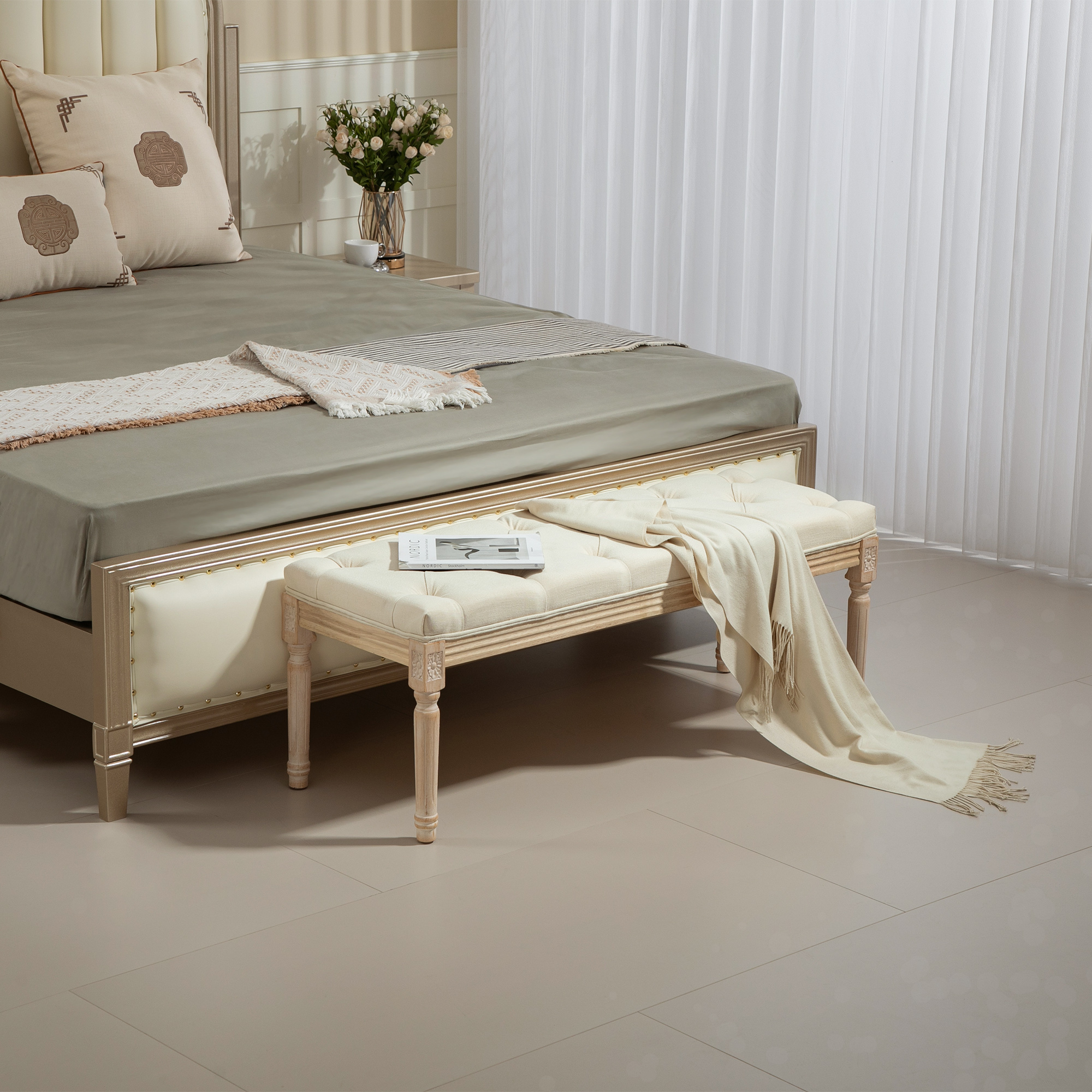 Vintage Wooden Bed End Bench - Cream White — image 4