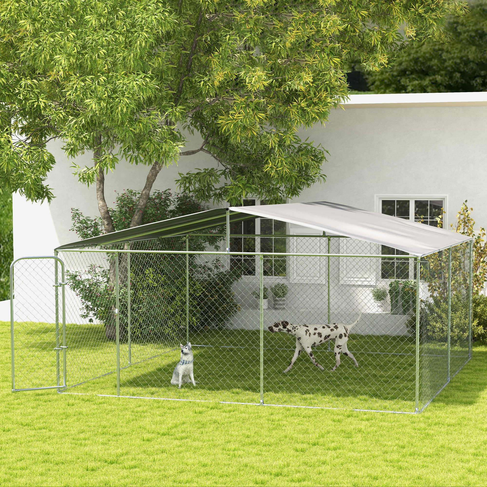  15x15 Dog Kennel with Cover, Secure Outdoor Dog Fence, Galvanized Steel Frame for Backyard, Green