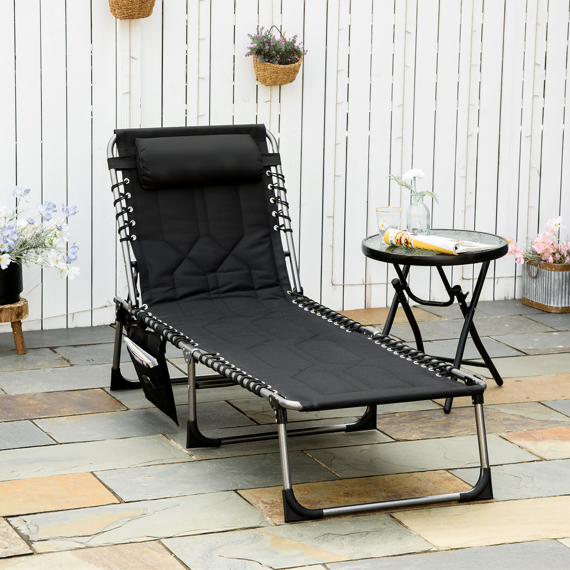 Padded Folding Chaise Lounge Chair, Outdoor 6-Level Reclining Camping Tanning Chair with Headrest for Beach, Yard, Patio, Pool, Black